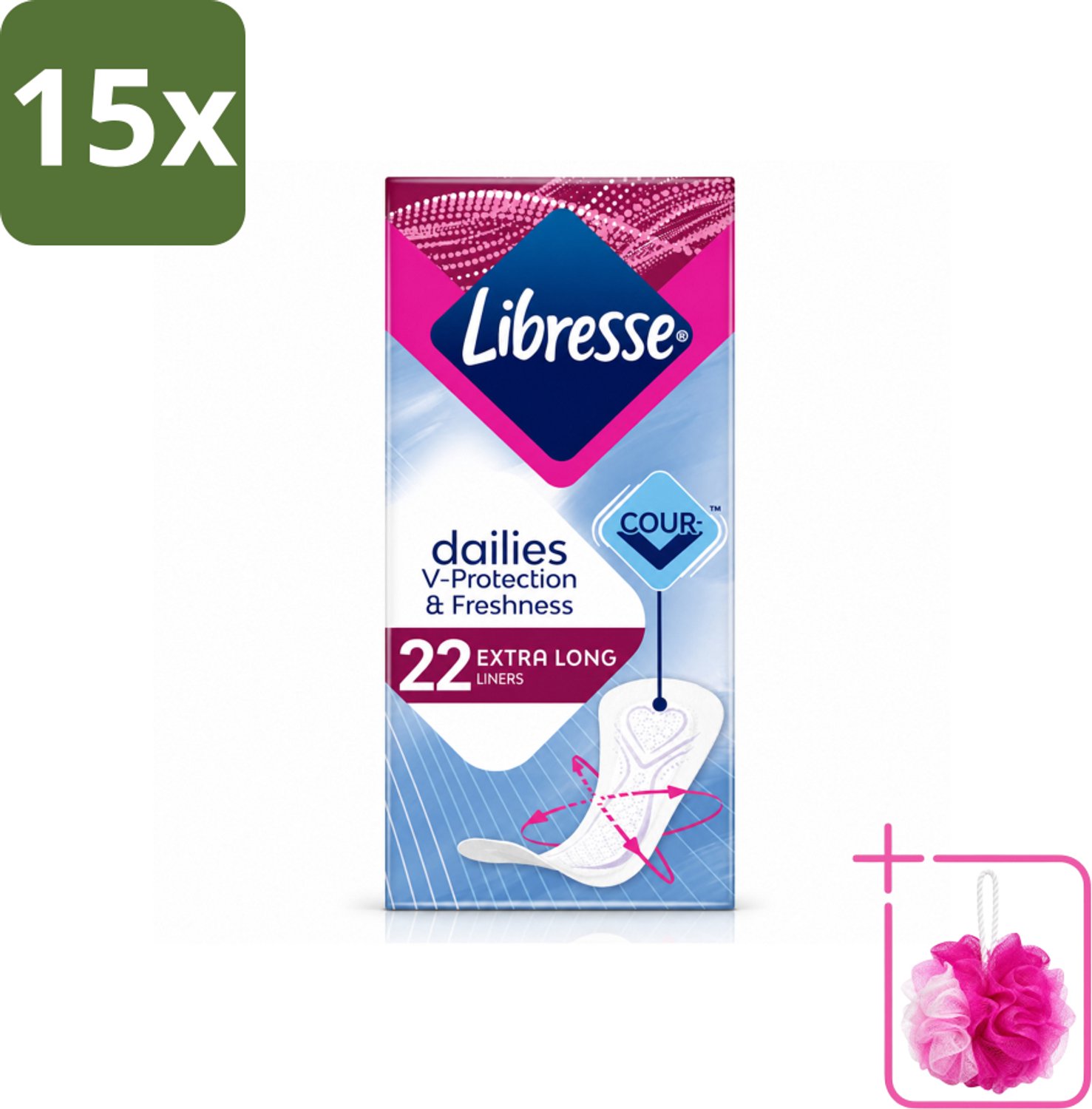 15 x Libresse – Inlegkruisjes – Extra Long – Langdurige bescherming – 22 Inlegkruisjes - Bulkverpakking - Inlegkruisjes - Douchemop - Extra lang