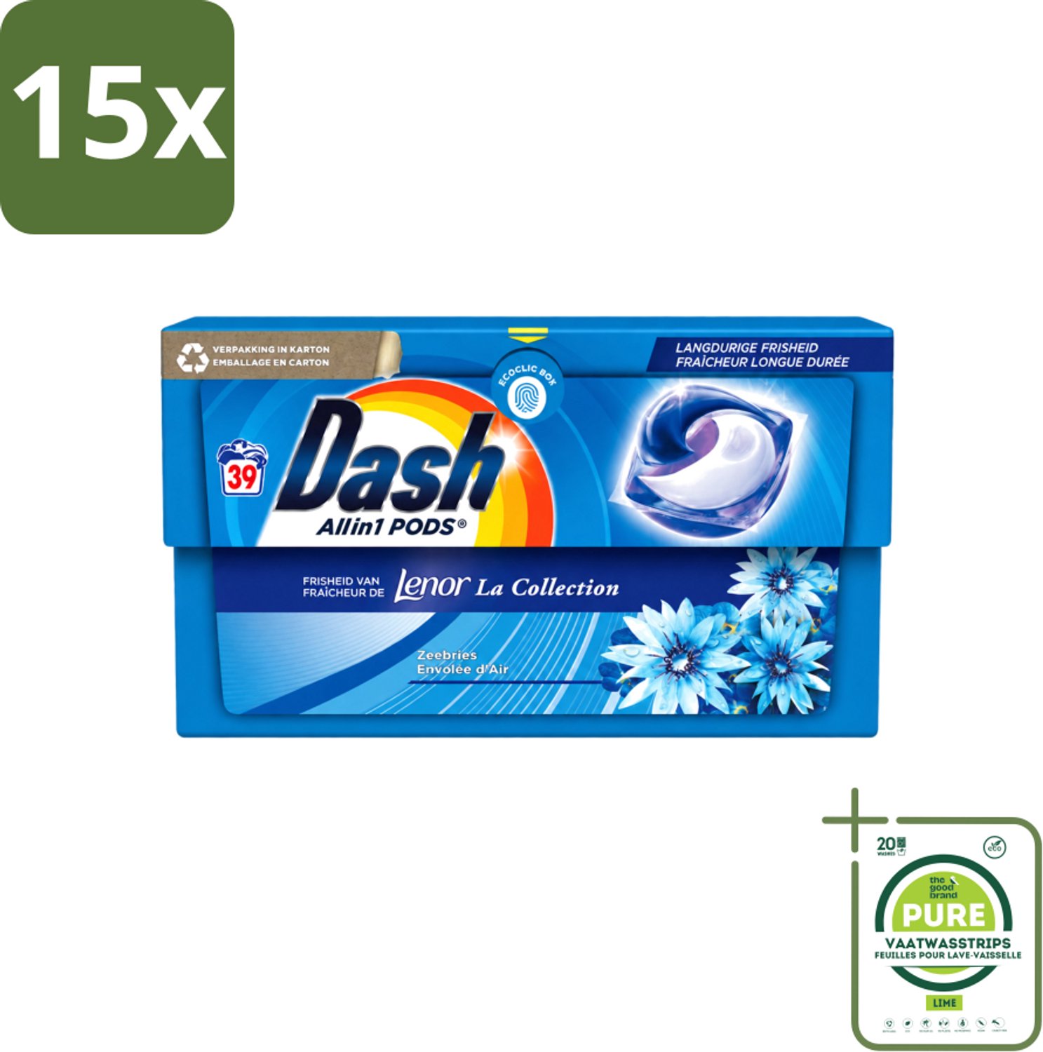 15 x Dash - Lenor Collectie - Wasmiddel Capsules - All-in-1 Pods - Witte en Gekleurde Was - 39 Wasbeurten - Grootverpakking - Vaatwasstrips - Wasmiddel Capsules - Frisheid - Zeebries Geur - Wasmachine - Wasbeurten
