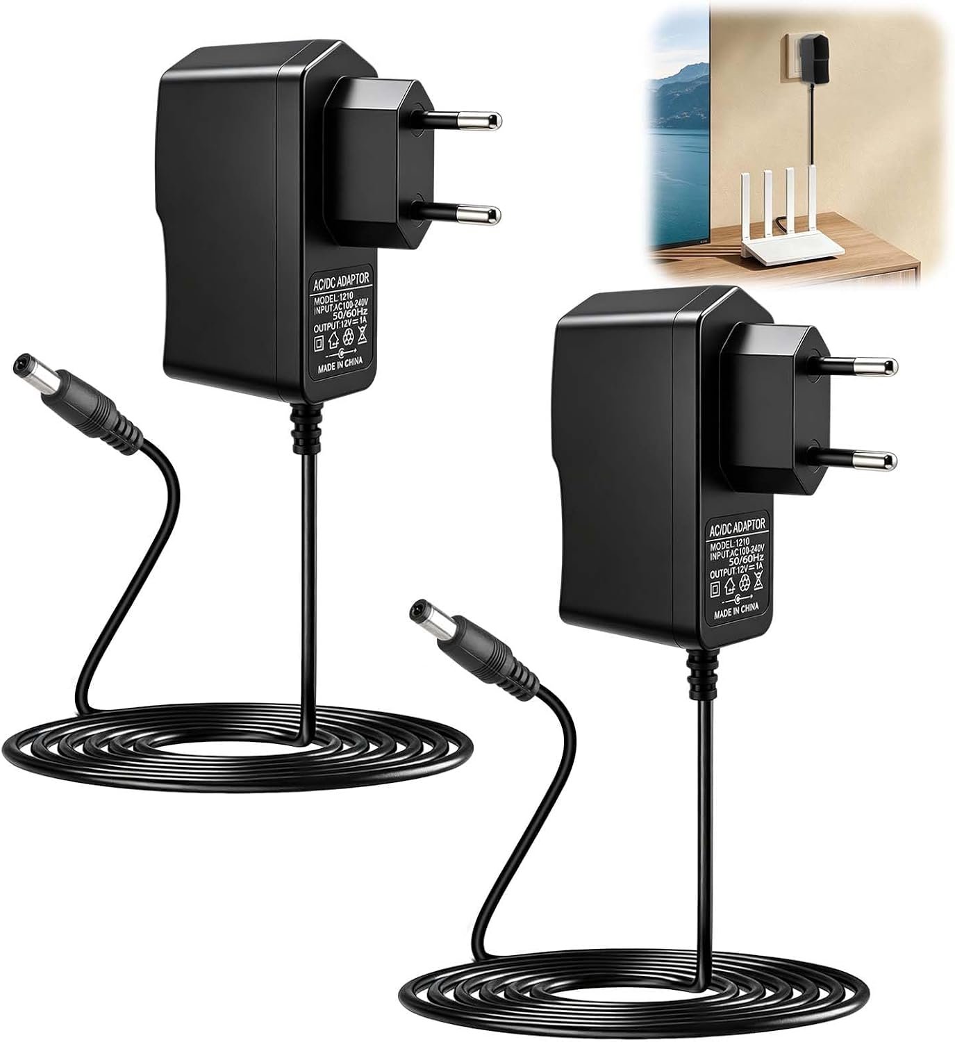 Voeding, 12 V, 1 A, 2 stuks, netadapter 12 V, 12 W met DC 5,5 x 2,5 mm, 100-240 V, externe adapter voor router, CCTV-camera, tv-box, modem, ledstrip 12 V, 1 m