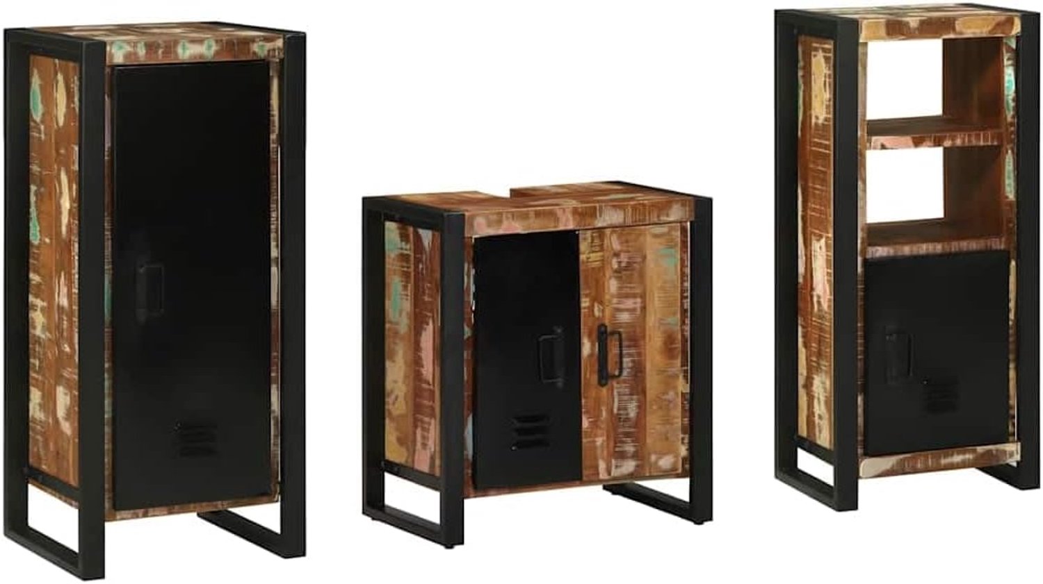 Badkamermeubelset 3 stuks meerkleurig en zwart van massief hout en ijzer