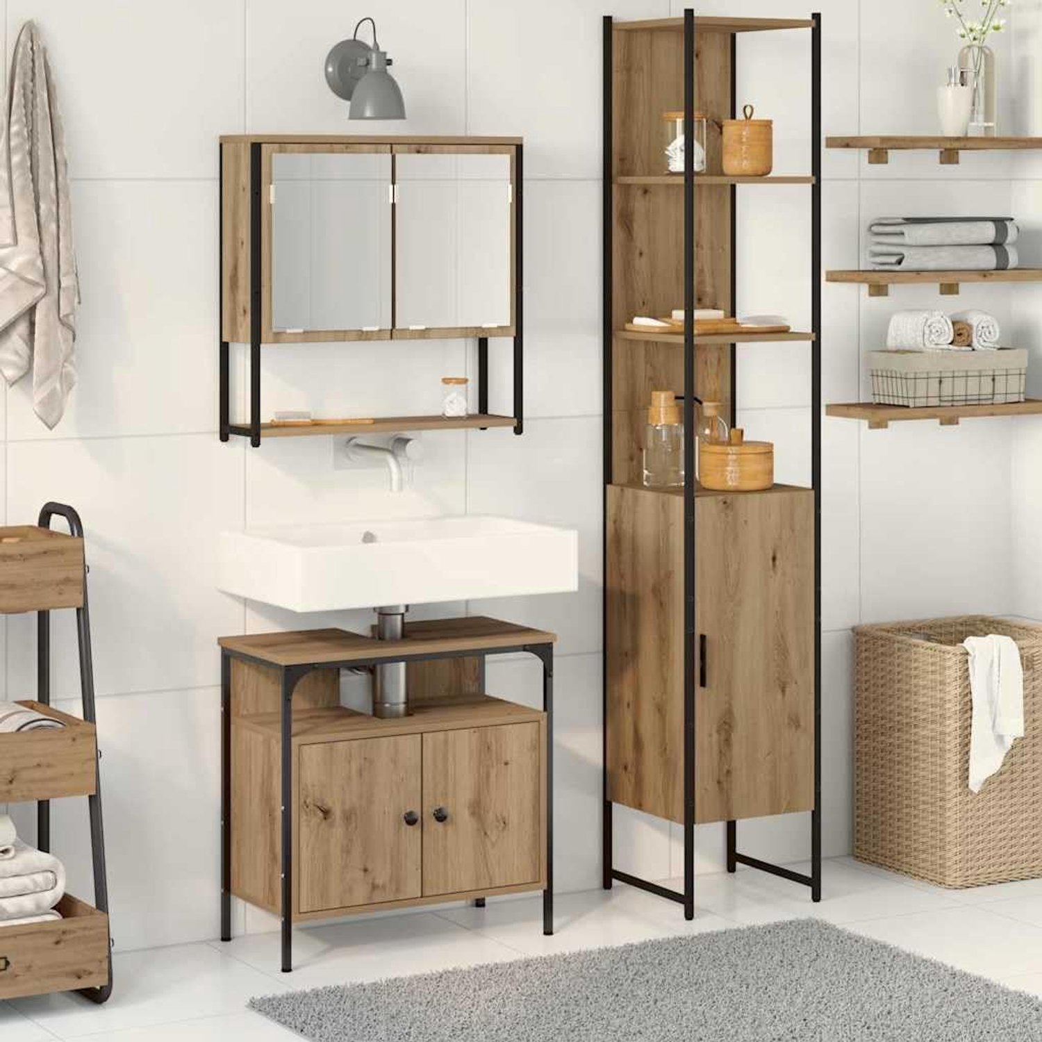 Badkamermeubelset 3 stuks Artisan eiken 33 x 33 x 185,5 cm met spiegel