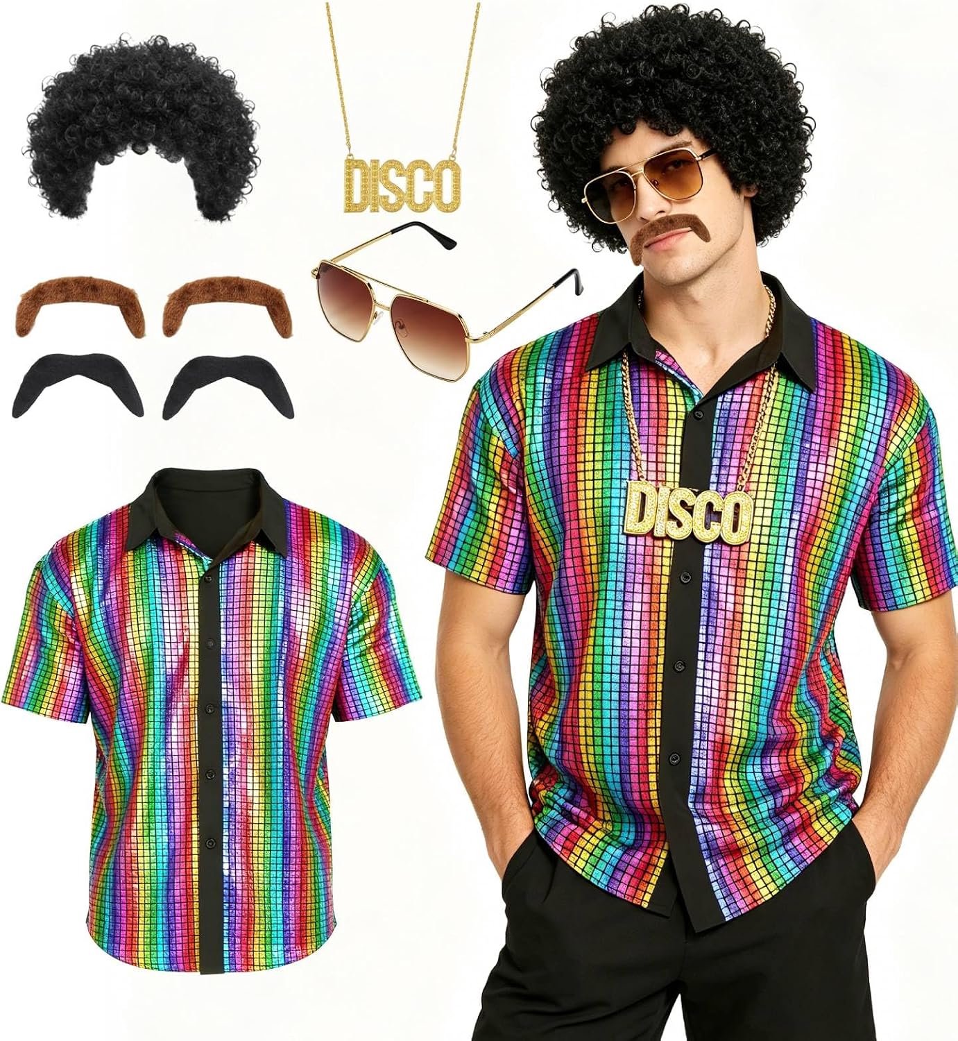 70 disco outfit set, hippie herenkostuum met bovenstukken, brillen, nepbaard, halskettingen, pruiken, jaren 80, carnaval, wedstrijd voor jaren 50, 60, 70, Halloween piratenkostuum