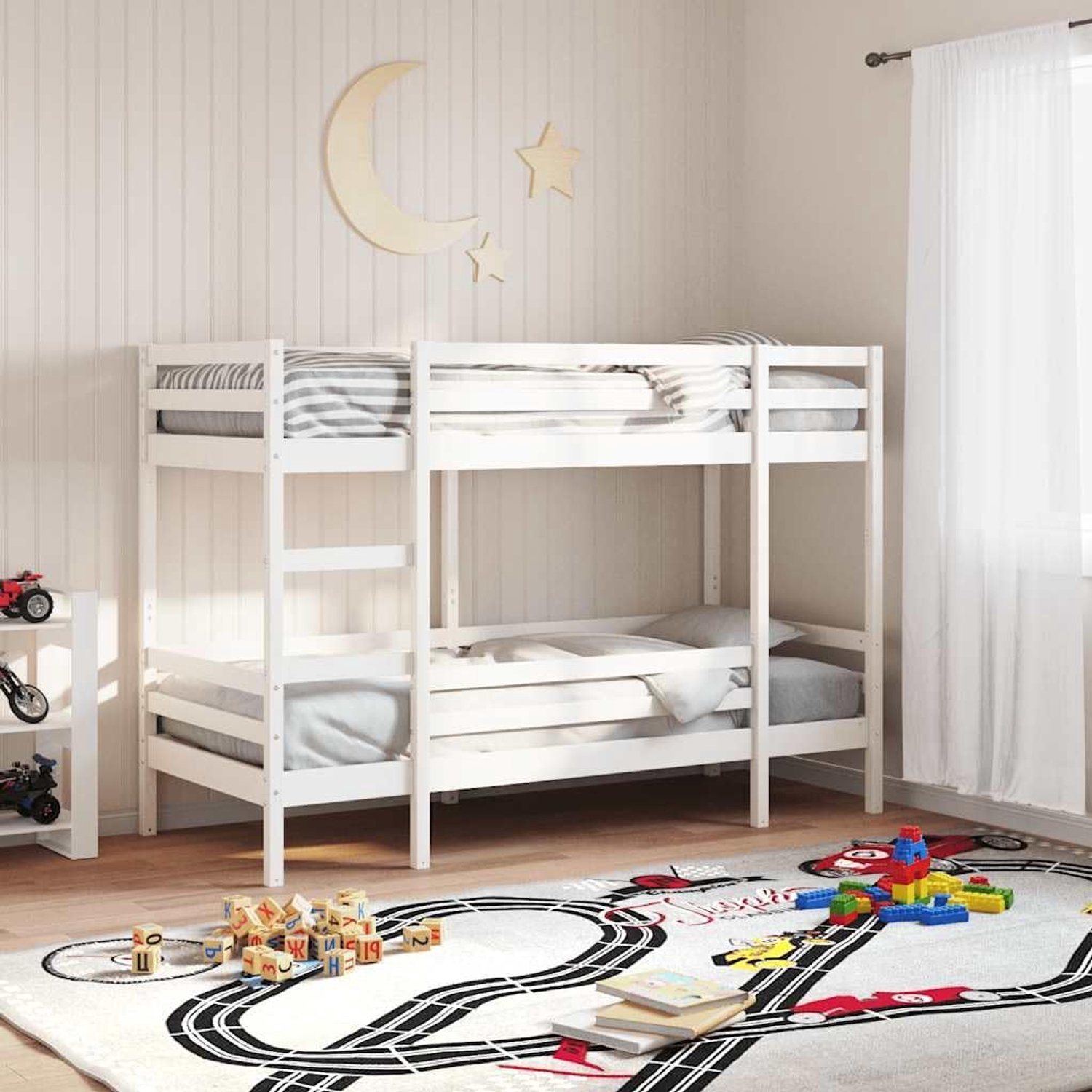 Grenenhouten veilig stapelbed met zijhek 90x200 wit