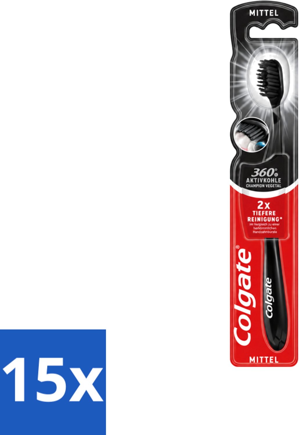 15 x Colgate - Tandenborstel - Charcoal Black 360 Medium - Zwart - 1 Tandenborstel - Voordeelverpakking - 15 stuks