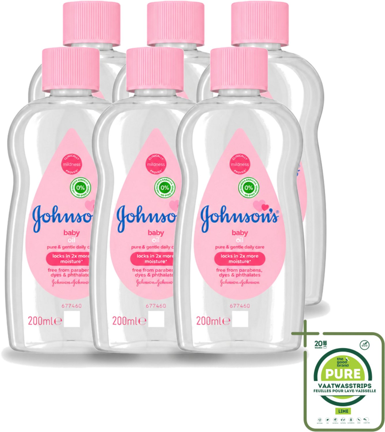 6 x Johnson's - Baby Olie - Puur & Zacht - 200 ml - Grootverpakking - Vaatwasstrips - Babyolie - Babyhuid Verzorging - Hydrateren - Zachte Huid - Baden