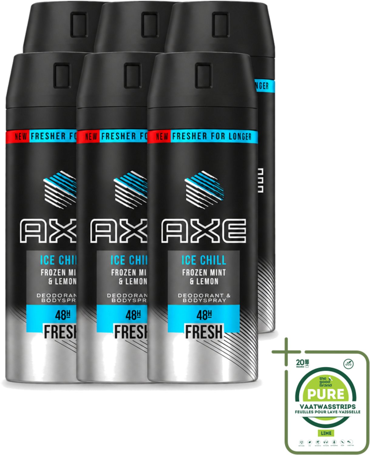 6 x Axe - Deodorant Bodyspray - 48hrs Fresh - Ice Chill - Frozen Mint & Lemon - 150 ml - Grootverpakking - Vaatwasstrips - Bevroren Munt - Citroen - Frisheid - Geurbestrijding - Deodorant