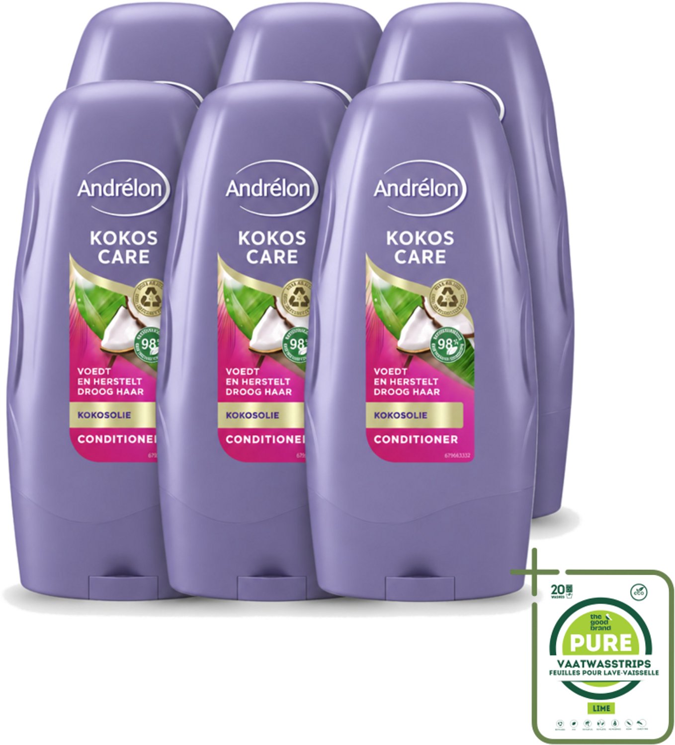 6 x Andrélon - Kokos Care - Conditioner - Diepe Hydratatie - 250 ml - Grootverpakking - Vaatwasstrips - Droog Haar - Herstel Haar - Kokosolie - Kokosmelk - Hydratatie