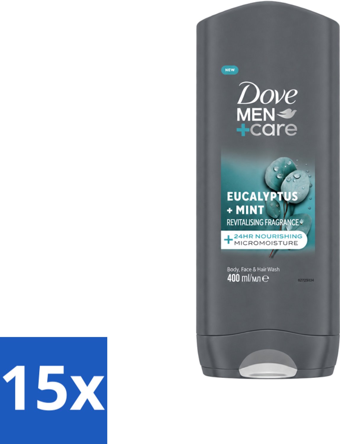 15 x Dove - Douchegel - Men+ Care Eucalyptus + Mint - Verfrissend en kalmerend - 400 ml - Voordeelverpakking - 15 stuks