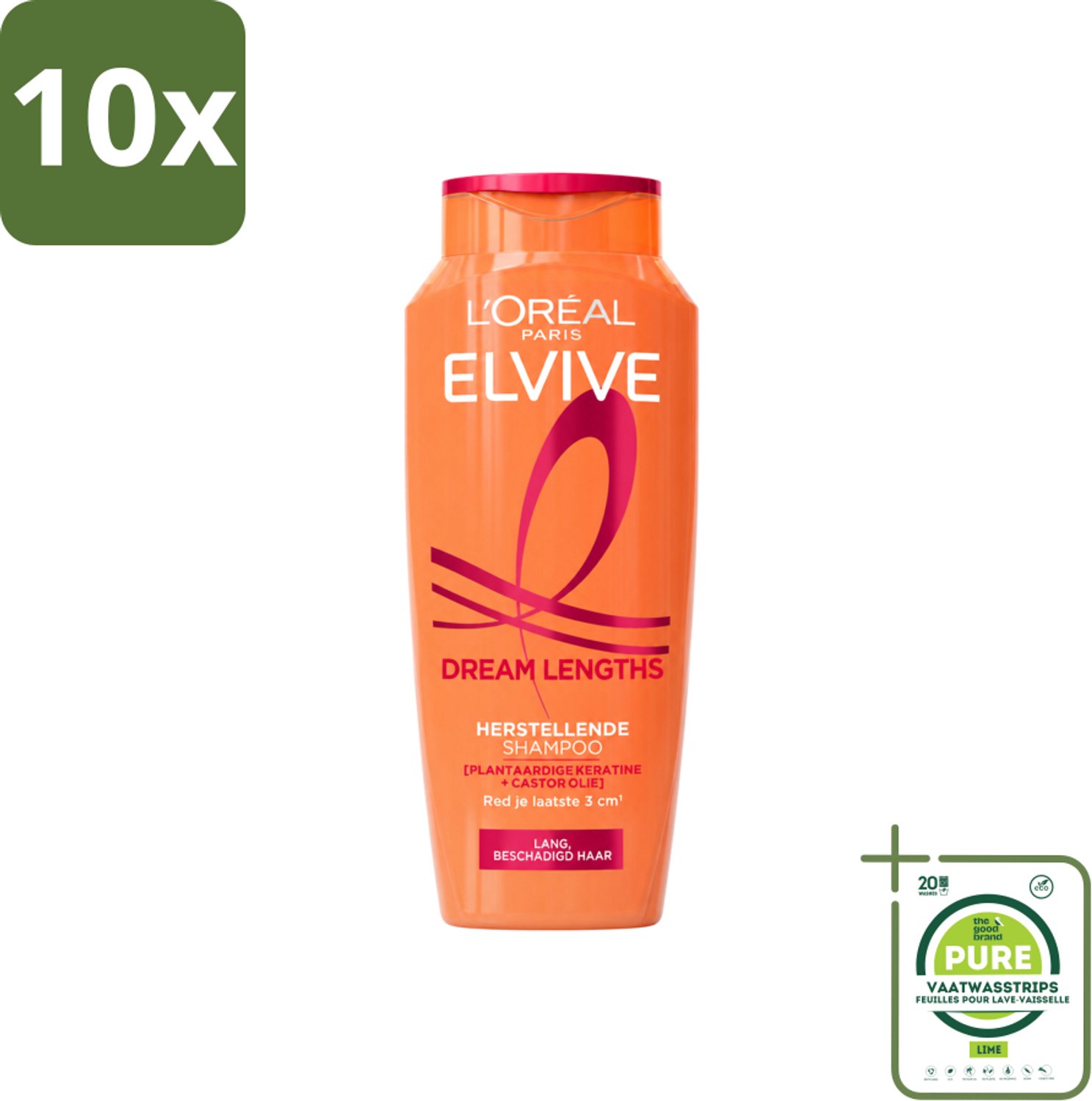 10 x L'Oréal Paris Elvive - Shampoo - Dream Lengths - Voor Lang, Beschadigd Haar - 250 ml - Grootverpakking - Vaatwasstrips - Lang Haar - Beschadigd Haar - Haar Herstellen - Haar Verzegelen - Keratine Shampoo