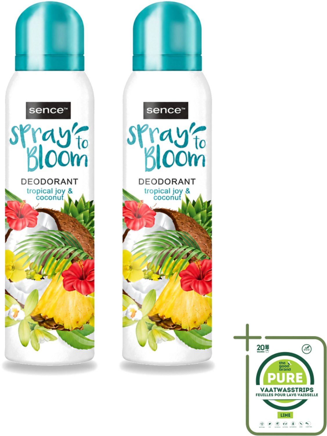 2 x Sence - Tropical Joy & Coconut - Deodorant - Exotisch - 150 ml - Grootverpakking - Vaatwasstrips - Tropische Geur - Kokos - Exotische Geur - Deodorant - Frisheid