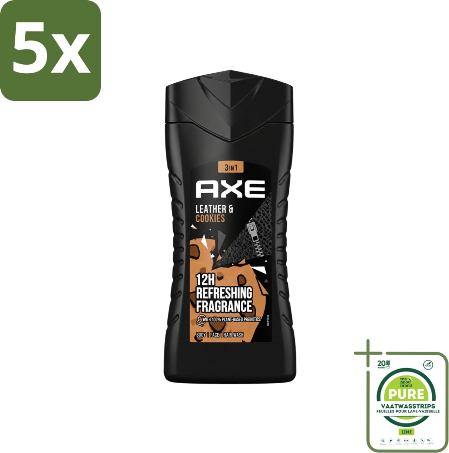 5 x Axe - 3-in-1 Douchegel - Leather & Cookies - 100% Plantaardig - 250 ml - Grootverpakking - Vaatwasstrips - Douchegel - Geur - Lichaam - Gezicht - Haar