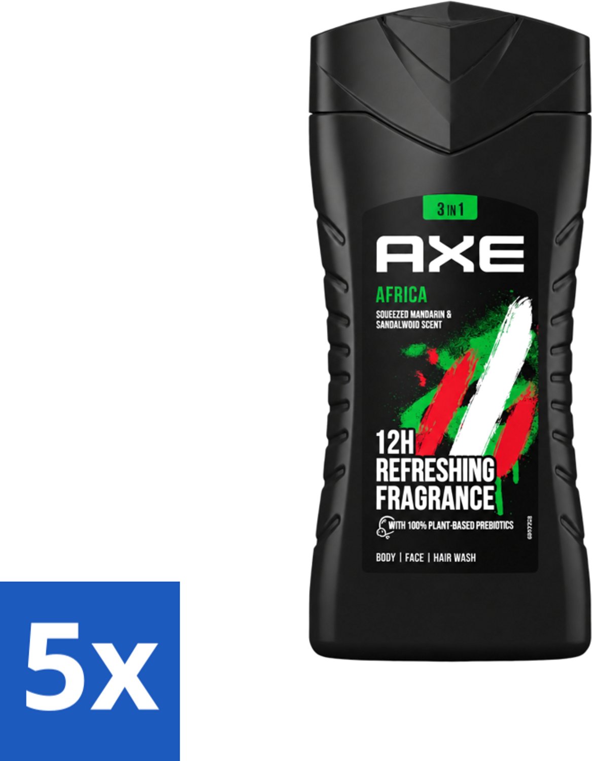 5 x Axe - 3-in-1 Douchegel - Africa - Squeezed Mandarin & Sandalwood - 100% Plantaardig - 250 ml - Voordeelverpakking - 5 stuks
