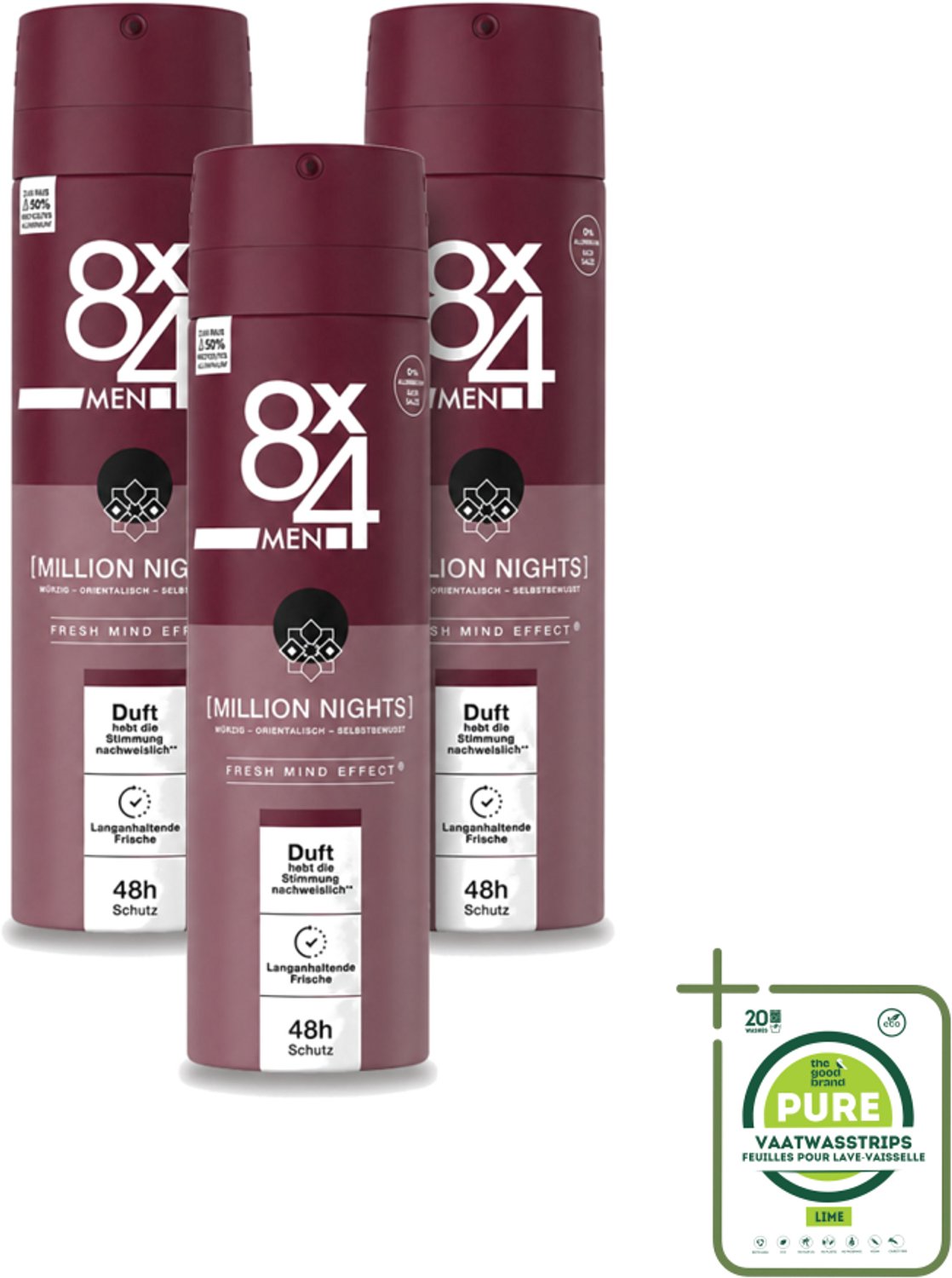 3 x 8 x 4 Deospray Men - No.18 Millions Nights - Deodorant - Voor Heren - 150 ml - Grootverpakking - Vaatwasstrips - Deodorant Voor Heren - Avondgeur - Zweetbestendig - Langdurige Geur - Mannelijke Geur