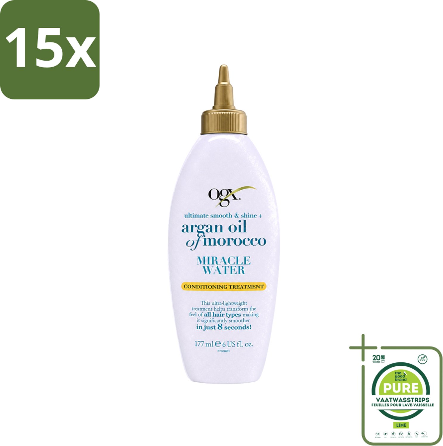 15 x OGX - Argan Oil of Morocco - Miracle Water - Lichtgewicht Hydratie - 177 ml - Grootverpakking - Vaatwasstrips - Haarverzorging - Hydratatie - Arganolie - Glans - Ontwarrer
