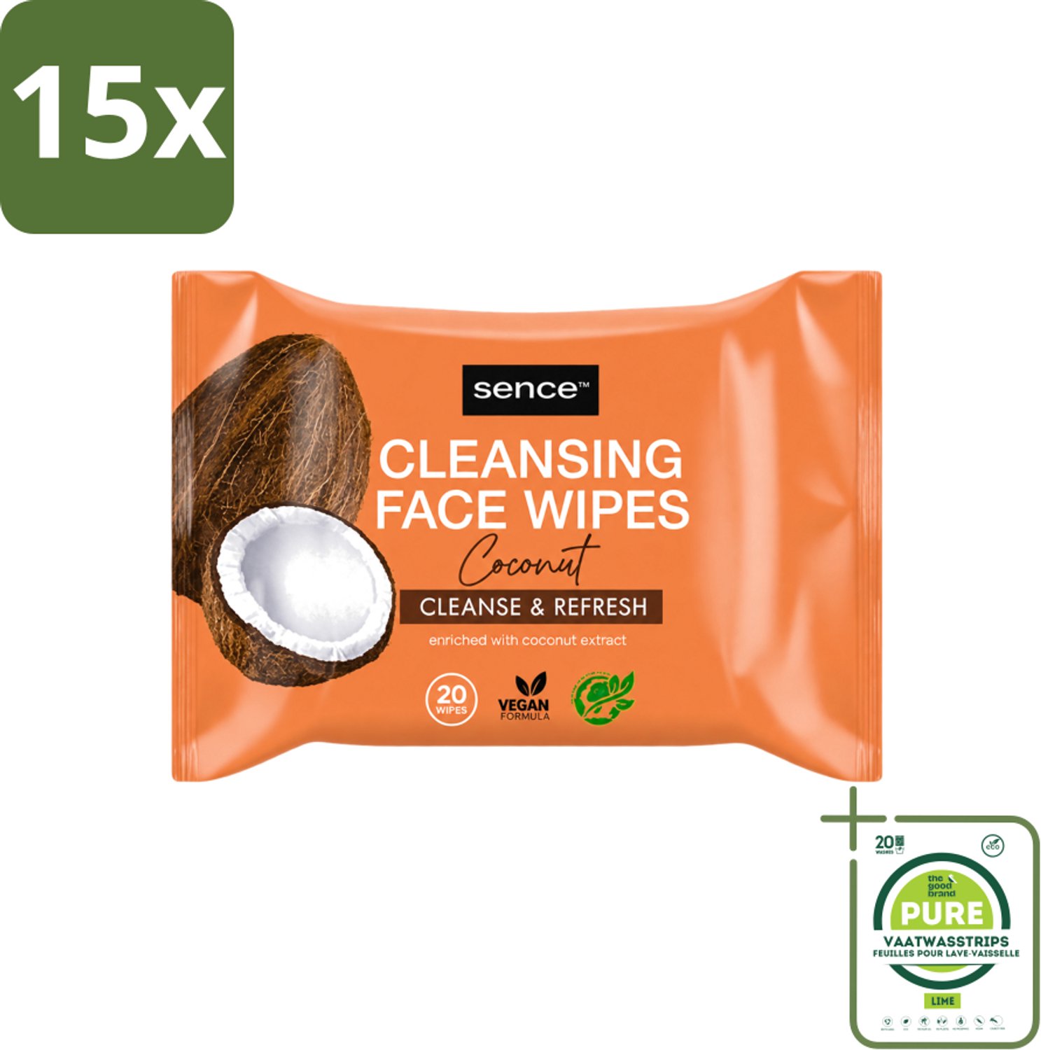15 x Sence - Coconut - Gezichtsreinigingsdoekjes - Verzorgend - 20 Doekjes - Grootverpakking - Vaatwasstrips - Gezichtsreinigingsdoekjes - Kokos - Huidverzorging - Make-up Verwijderen - Hydrateren