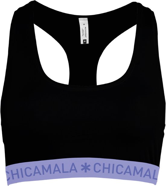 Zwarte racerback sporttop met lila elastische band voorzien van het Chicamala logo.