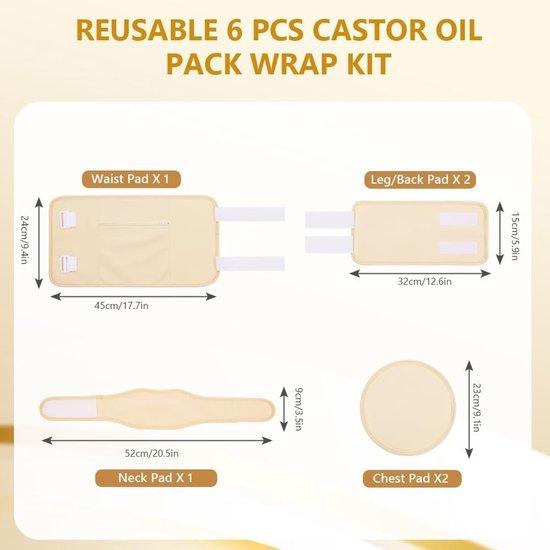 Herbruikbare Organic Cotton Castor Oil Wrap Kit - 6-delige Set voor Compressie en Ontspanning van Taille, Nek, Benen en Knie, Machinewasbaar en Lekvrij — afbeelding 5