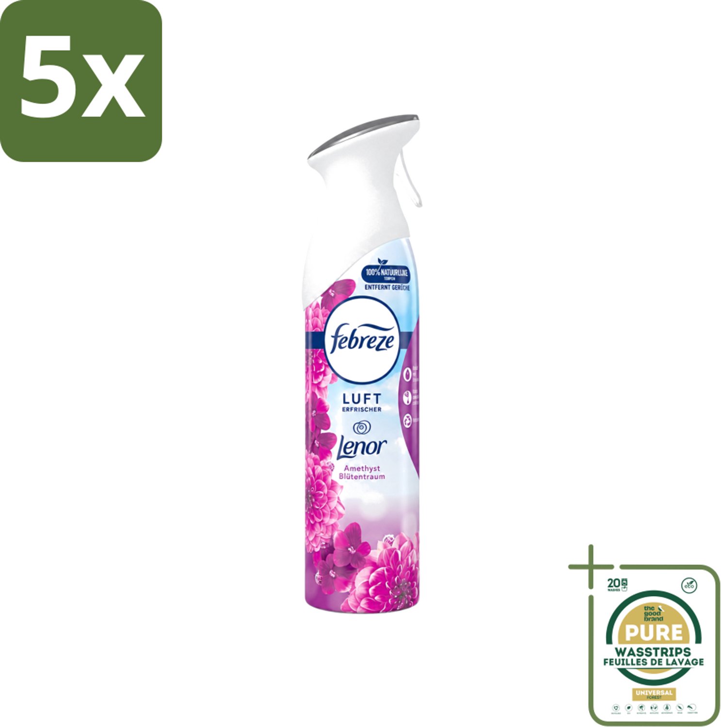 5 x Febreze Amethist Luchtverfrisser Spray - Frisse Bloemen Geur - 300ml - Wasstrips - Luchtverfrisser - Geurverwijdering - Frisse Geur - Amethyst - Amethyst Bloesem Droom