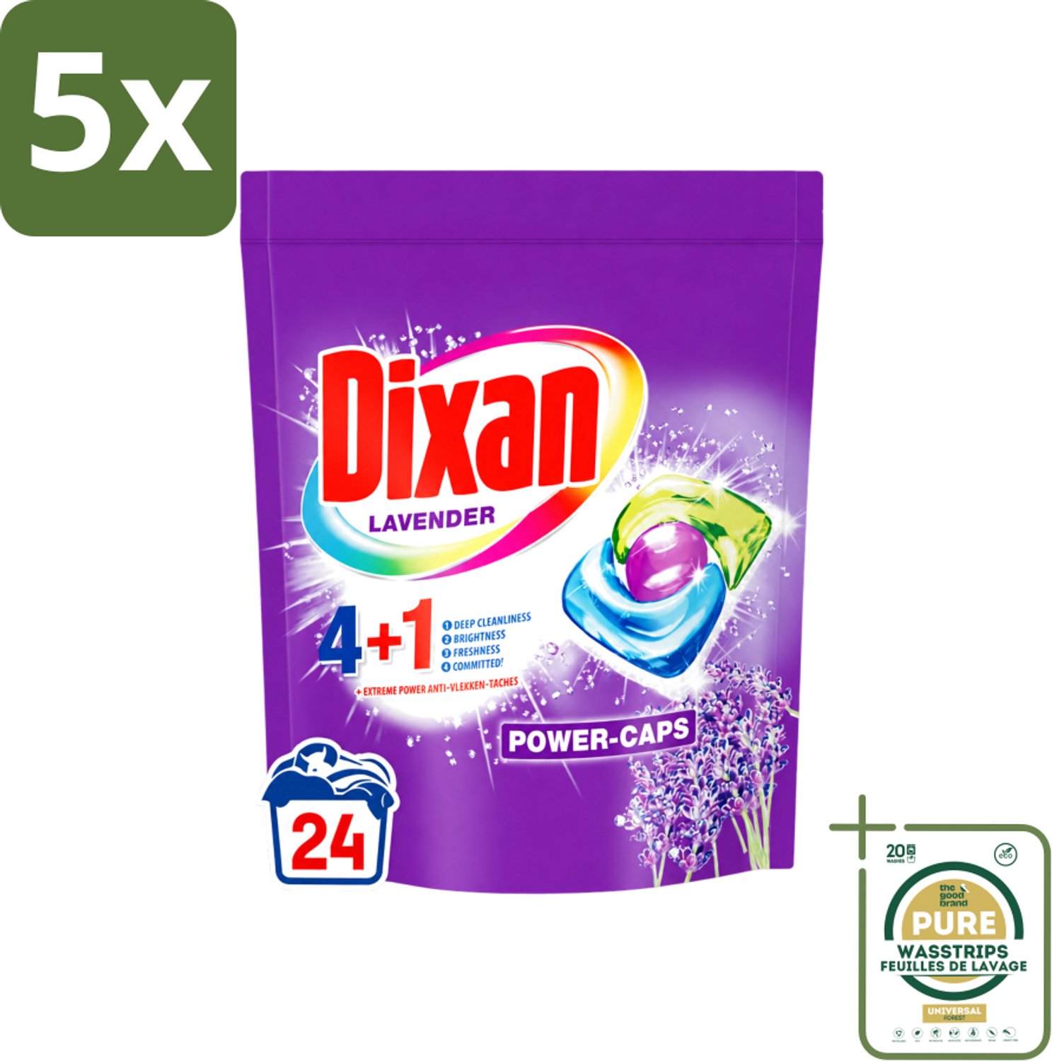 5 x Dixan Power Caps - Wasmiddelcapsules en Vlekverwijderaar - Extreme Power - Gekleurde Was - Lavendel - 24 Wasbeurten - Wasstrips - Wasmiddelcapsules - Vlekverwijderaar - Gekleurde Was - Lavendel - Wasbeurt