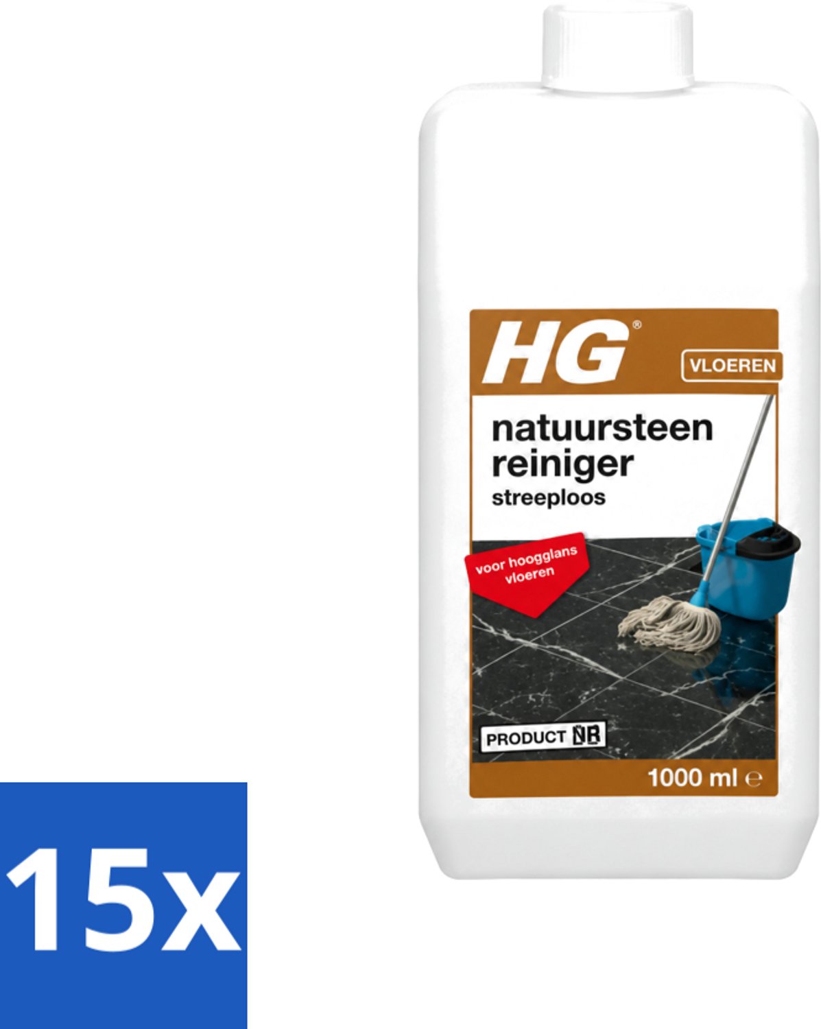 15 x HG - Natuursteenreiniger Streeploos - Voor Hoogglans Vloeren - 20 Dweilbeurten - 1L - Voordeelverpakking - 15 stuks