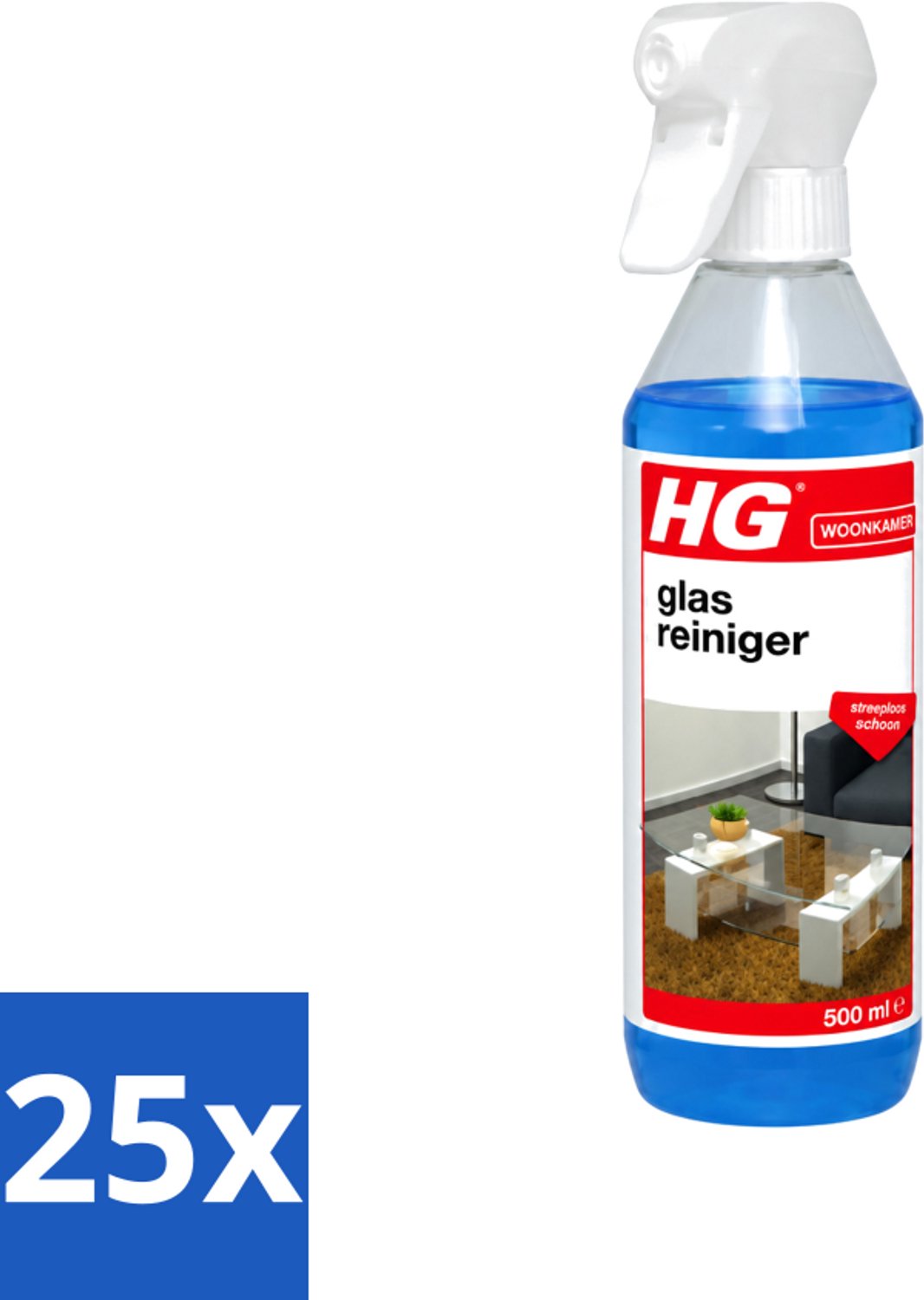 25 x HG - Glasreiniger Spray - Streeploos Schoon - Ontvet & Droogt Snel - 500 ml - Voordeelverpakking - 25 stuks