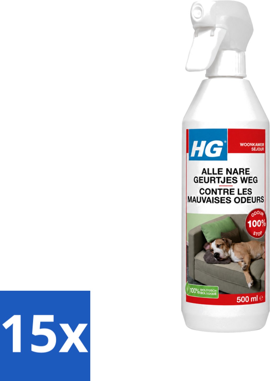 15 x HG - Alle Nare Geurtjes Weg Spray - Elimineert Stankmoleculen - Biologisch - 500 ml - Voordeelverpakking - 15 stuks
