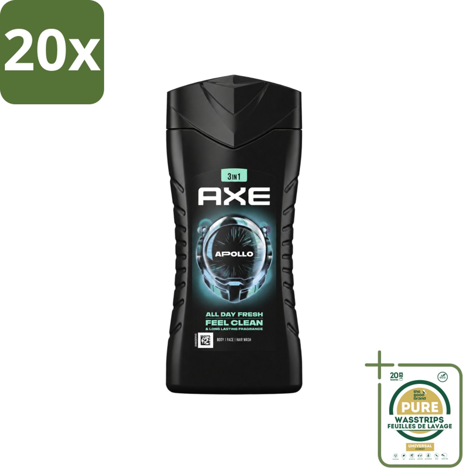 20 x Axe - 3-in-1 Douchegel - Apollo - Sage & Cedarwoord - 12hrs Long Lasting Scent - 250 ml - Wasstrips - Douchegel Lichaam Gezicht Haar - Geur Salie Cederhout - 12 Uur Fris - Bacteriënverwijdering - Plantaardige Moisturizers