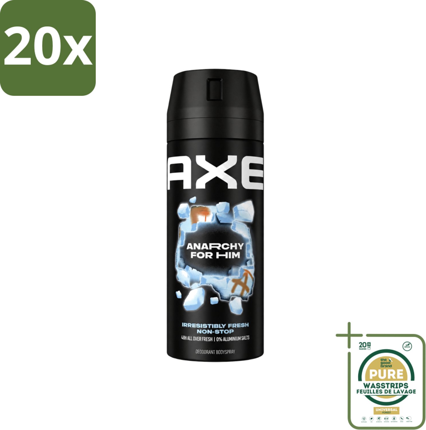 20 x Axe - Deodorant Bodyspray - 48hrs Fresh - Anarchy for Him - Dark Pomegranate & Sandalwood - 150 ml - Wasstrips - 48 Uur Frisheid - Deodorant Bodyspray - Geur Van Granaatappel - Geur Van Sandelhout - Zinktechnologie