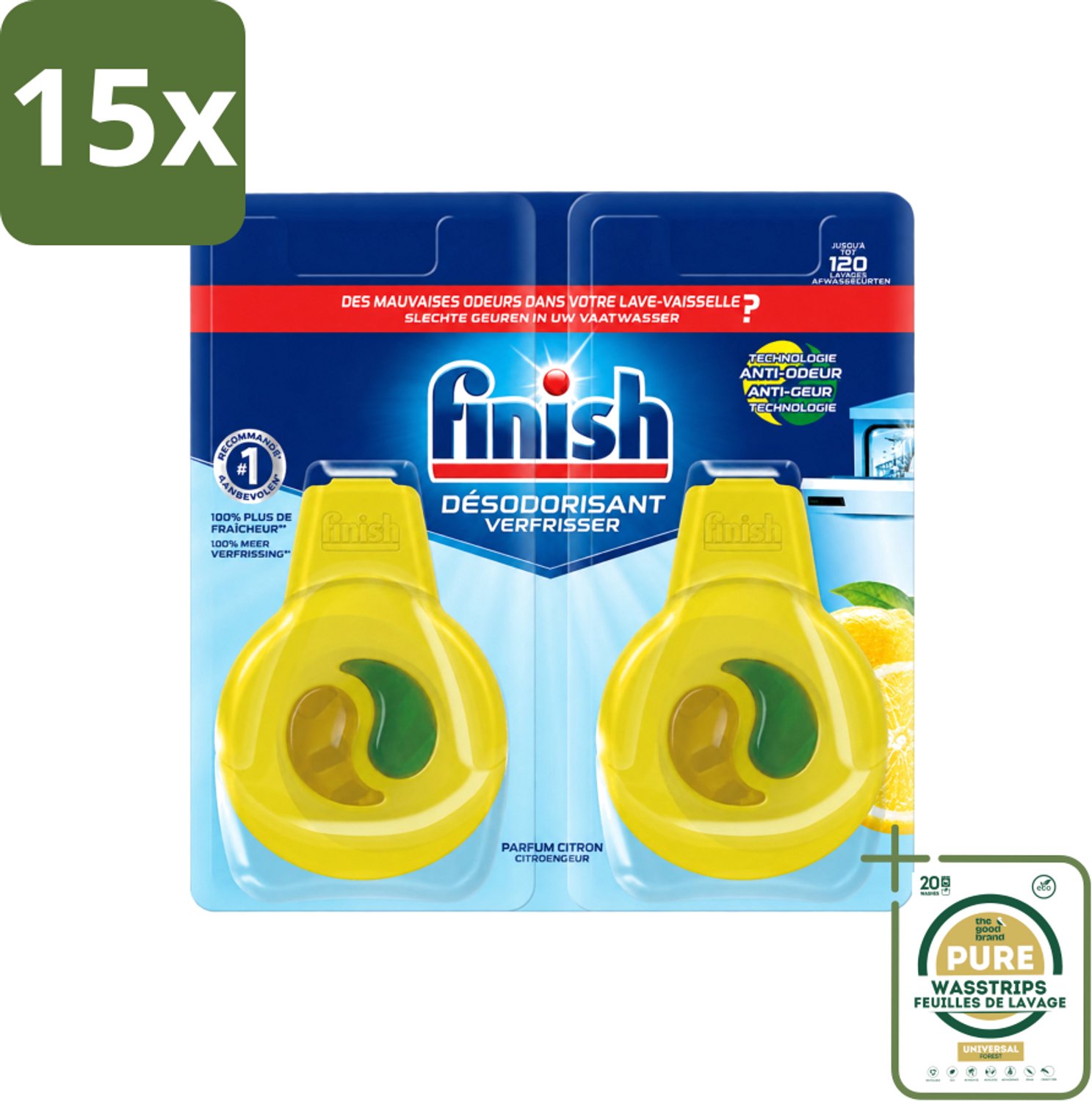 15 x Finish Deo Odorstop - Vaatwasverfrisser - Citroen Parfum - Anti-geur - Tot 120 Afwasbeurten - Wasstrips - Vaatwasverfrisser - Geurbeheersing - Citroengeur - Anti-geur - Vaatwasser Geur