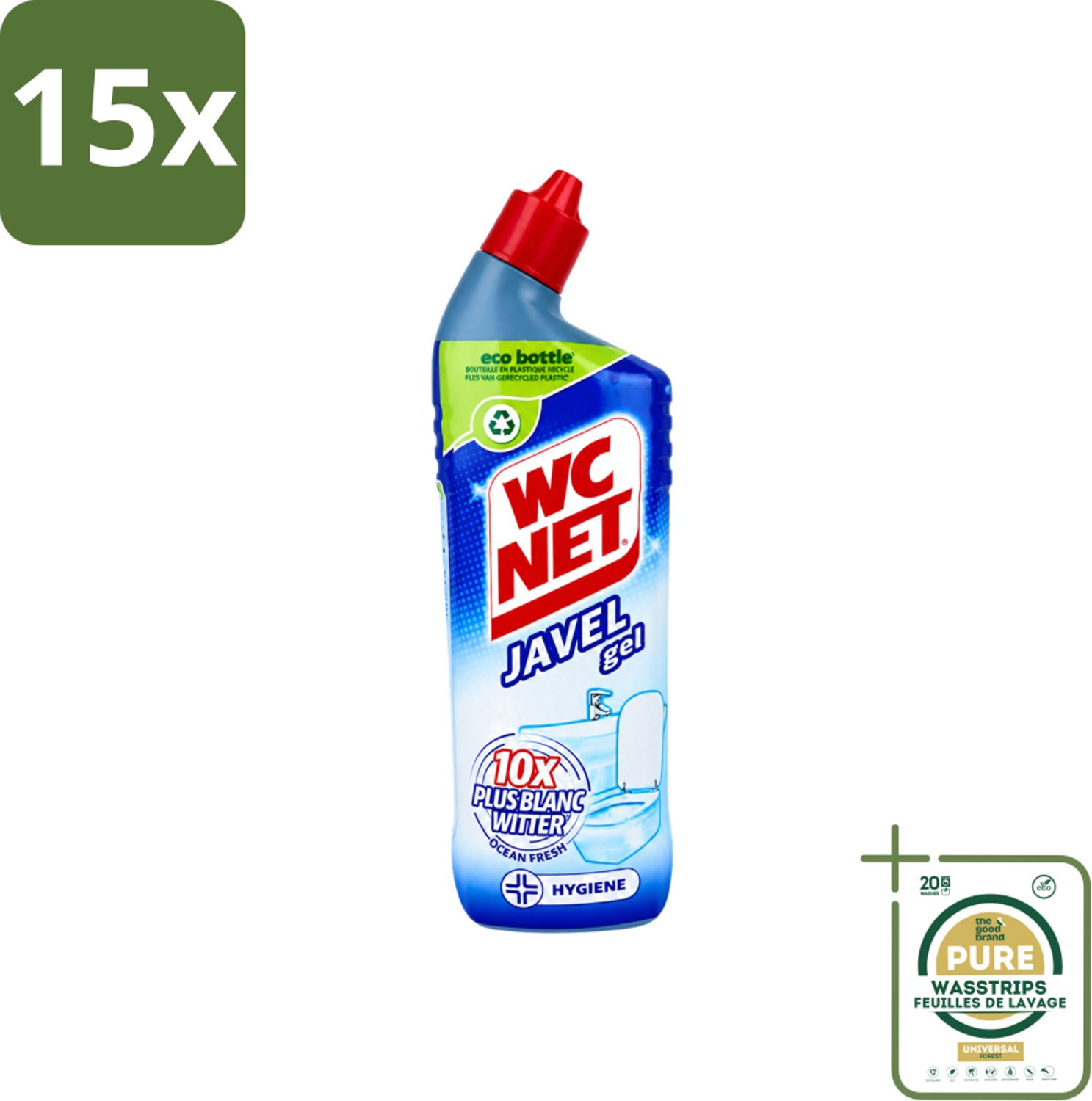 15 x WC Net - Toiletreiniger - Gel - Ocean Fresh - Gerecycled Materiaal - 750 ml - Wasstrips - WC Net Gel - Toilet Reiniger - Toilet Reinigen - Toilet Reiniger Gel - Instant White Toilet