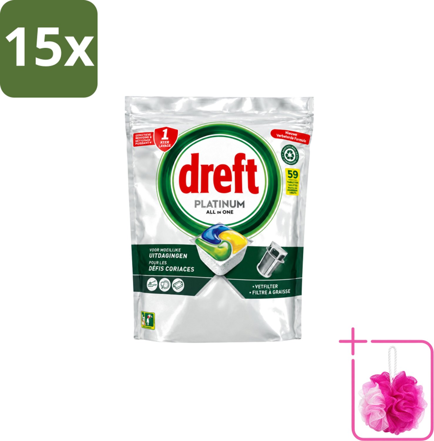 15 x Dreft – Vaatwastabletten – All-in-One Platinum – Lemon – 59 Tabletten - Bulkverpakking - Vaatwastabletten - Douchemop - Vaatwasser