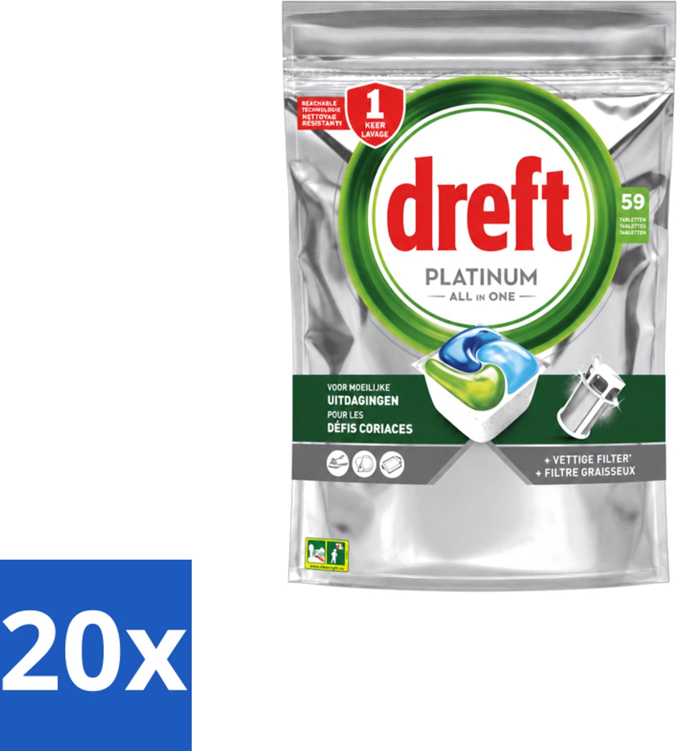 20 x Dreft – Vaatwastabletten – Platinum All-in-One Original – 59 Tabletten - Voordeelverpakking - 20 stuks