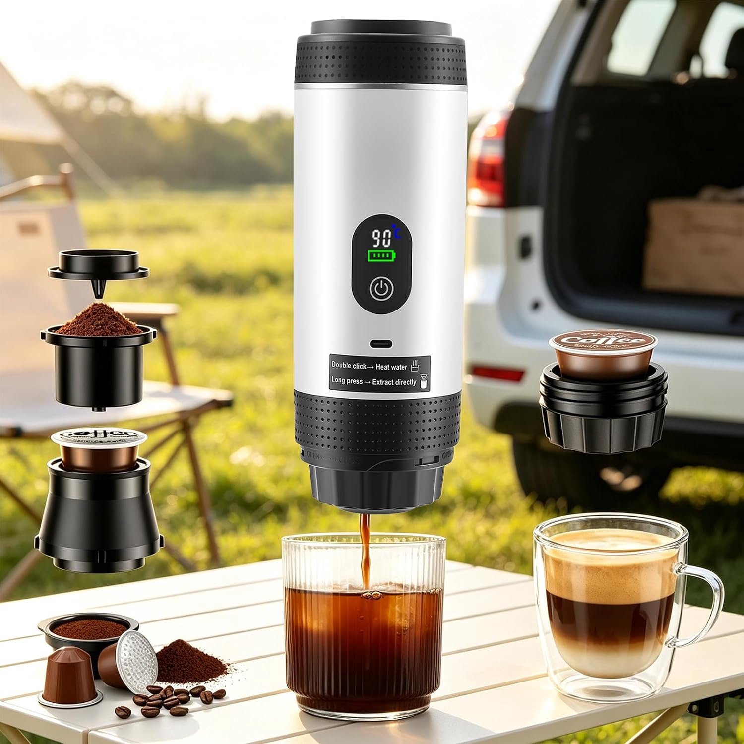 Mini-koffiemachine 3-in-1 met batterij - Espressomachine voor in de auto met USB-C - Compatibel met capsules en gemalen koffie - Ideaal voor camperen, kamperen en als reiscadeau, wit