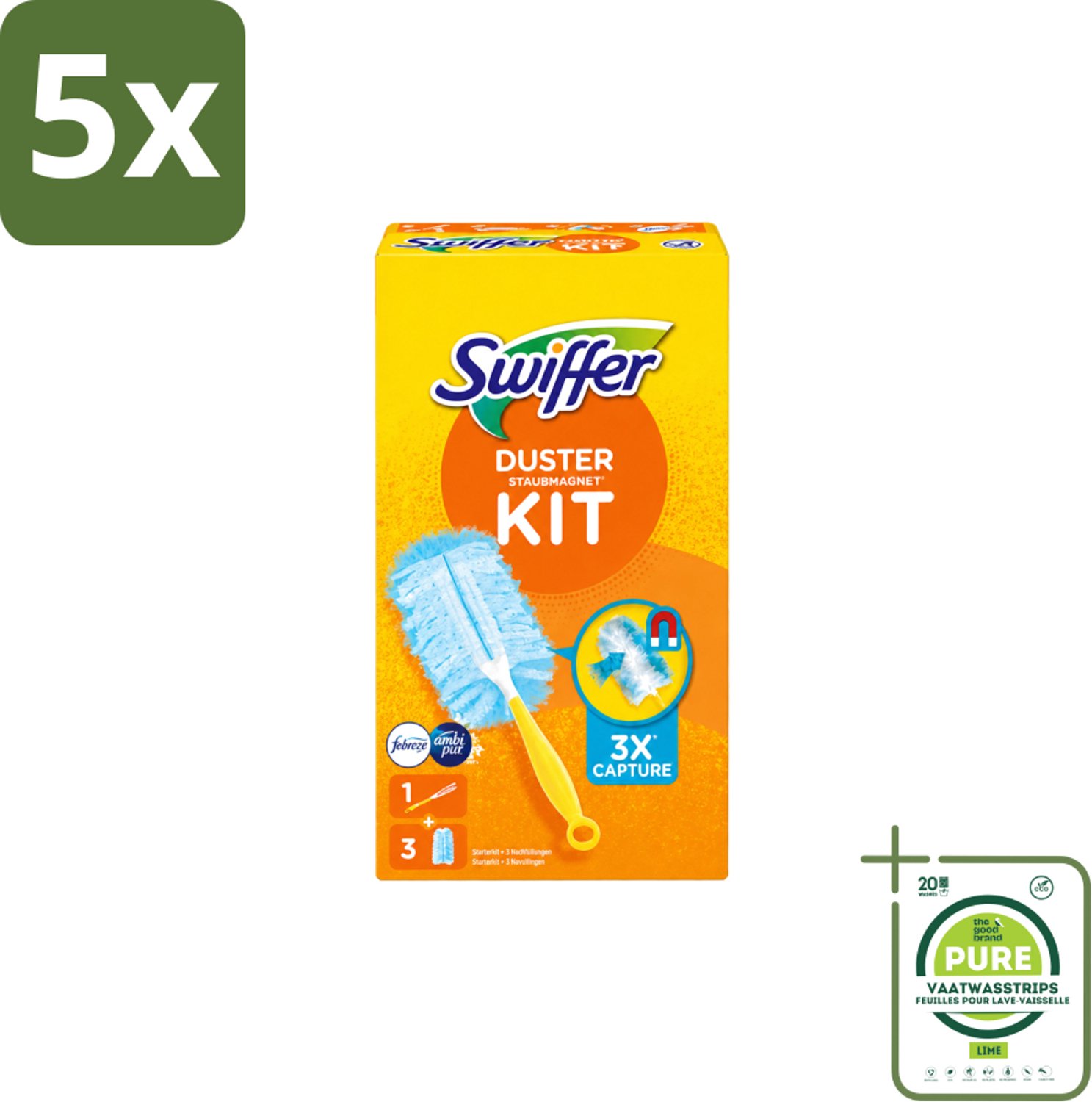 5 x Swiffer – Starterkit + 3 Navullingen – Met Febreze - Grootverpakking - Vaatwasstrips - Stofvrij Maken - Stof Opvangen - Stofdoek - Stof Opvangen - Stof Opvangen