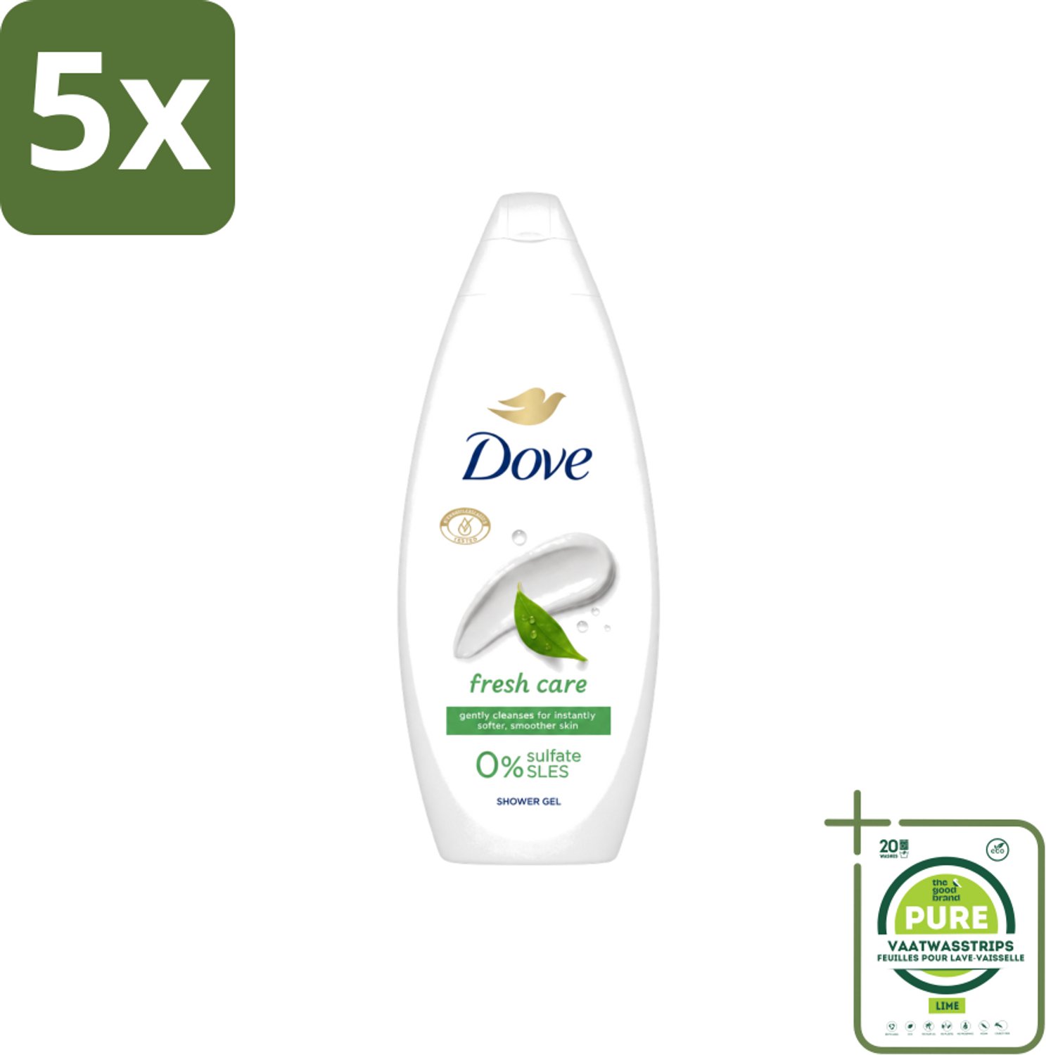 5 x Dove – Douchegel – Fresh Care – 250 ml - Grootverpakking - Vaatwasstrips - Douchegel - Fris - Schone Huid - Huid Reinigen - Huid Hydrateren