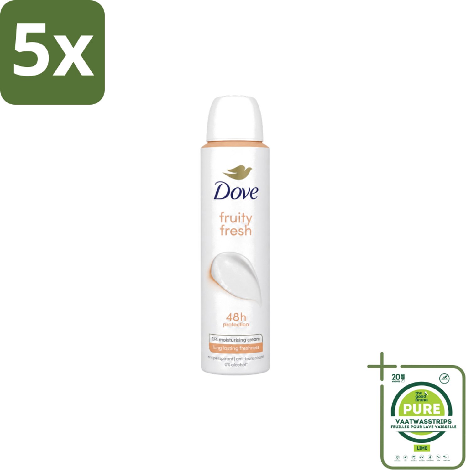 5 x Dove – Deodorant Spray – Fruity Fresh – 200 ml - Grootverpakking - Vaatwasstrips - Anti-transpirant Spray - Zweetgeur - Okselgeur - Fris - Fruitig