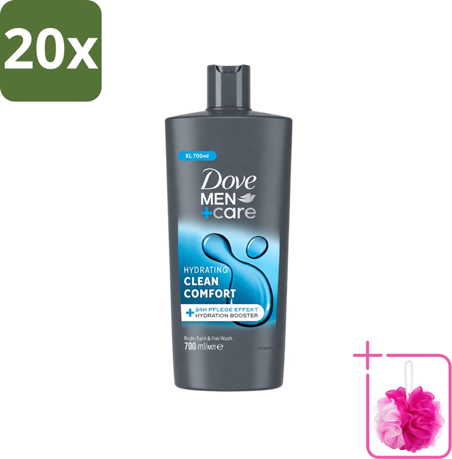 20 x Dove Men+Care - Clean Comfort - 3-in-1 Douchegel - Hydraterend- 700 ml - Bulkverpakking - Douchegel voor mannen - Douchemop - Lichaamsgel