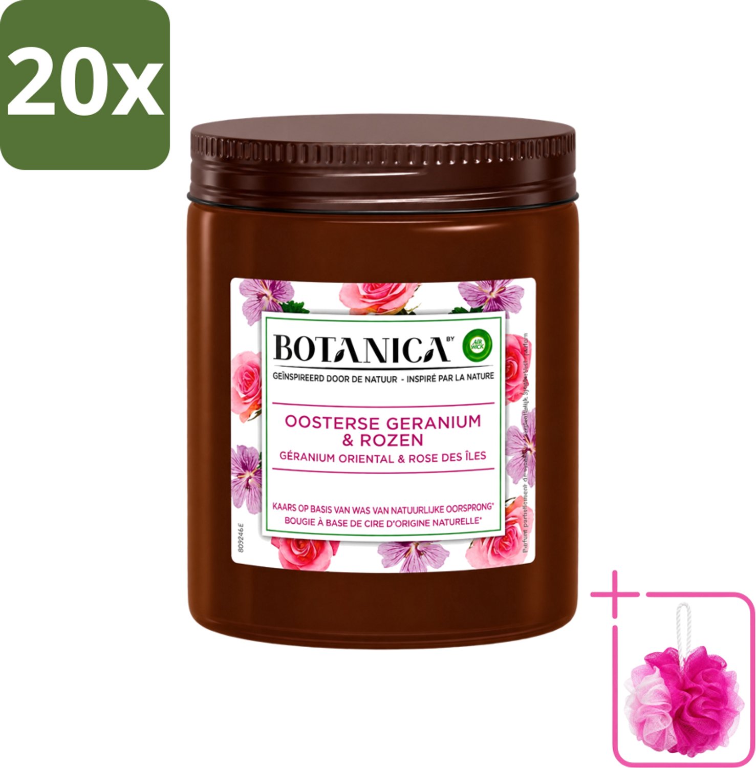 Air Wick 20 x Botanica by Air Wick - Geurkaars - Geranium & Rozen - 40 Uur Brandduur - Bulkverpakking - Geurkaars - Douchemop - Geranium en rozen Wit