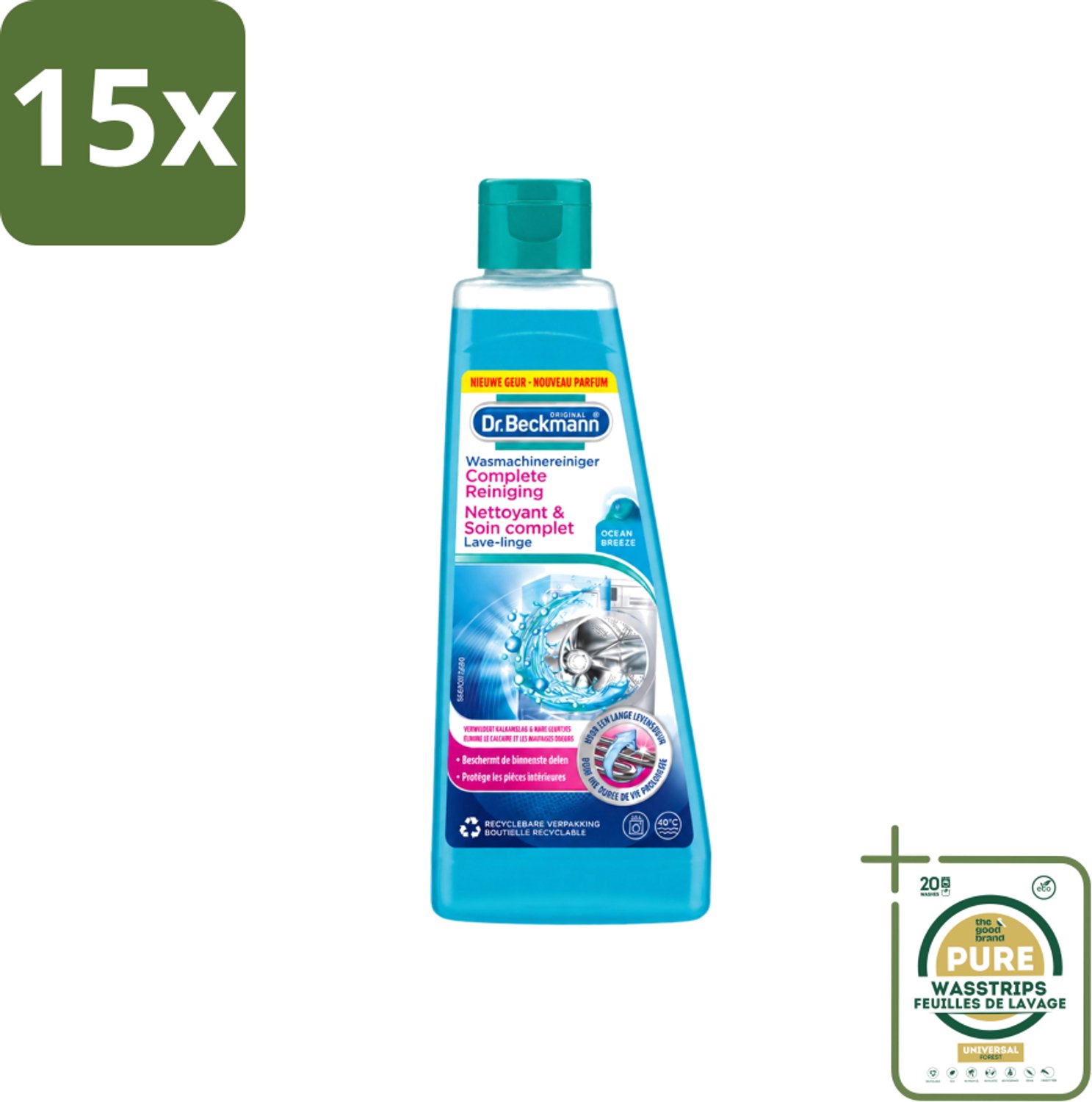 15 x Dr.Beckmann - Wasmachinereiniger - Ocean Breeze - Anti-Kalk - 250 ml - Wasstrips - Wasmachine Reinigen - Kalk Verwijderen - Wasmachine Reinigingsmiddel - Anti-kalk - Wasmachine Geur