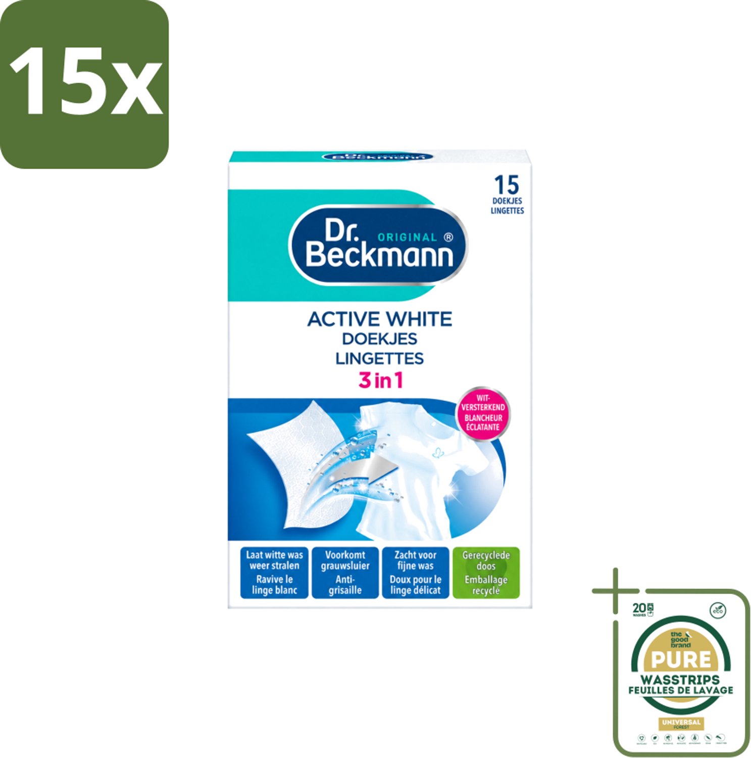 15 x Dr. Beckmann - Kleurverzorging - Active White - Witte Was - 15 Doekjes - Wasstrips - Witwas - Grauwsluier Verwijderen - Witte Was Herstellen - Actieve Witmaker - Was Reinigen
