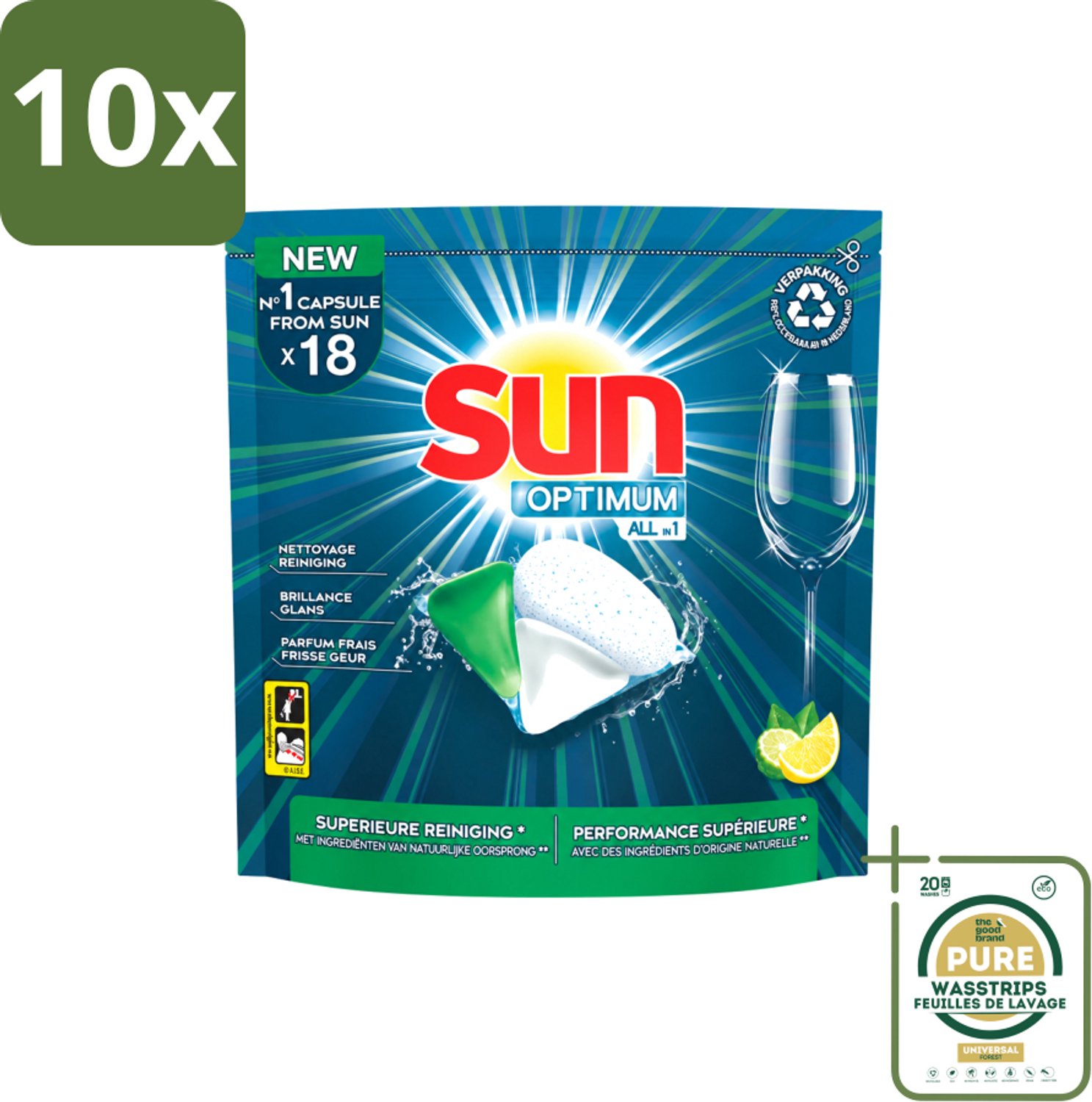 10 x Sun Optimum - All-in-1 - Vaatwasmiddel - Capsules - Citroen - 18 Capsules - Wasstrips - Vaatwasmiddel - Vaatwascapsules - Citroen - Reiniging - Spoelglans