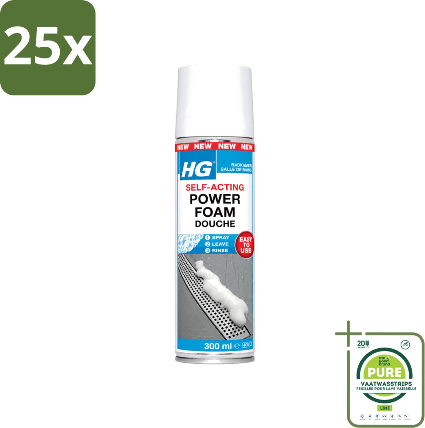 25 x HG - Badkamer - Badkamerreiniger - Power Foam Douche - Zelf-Activerend - 300 ml - Grootverpakking - Vaatwasstrips - Badkamerreiniger - Schuimreiniger - Zelf-activerend Schuim - Douche Reinigen - Kalkaanslag Verwijderen
