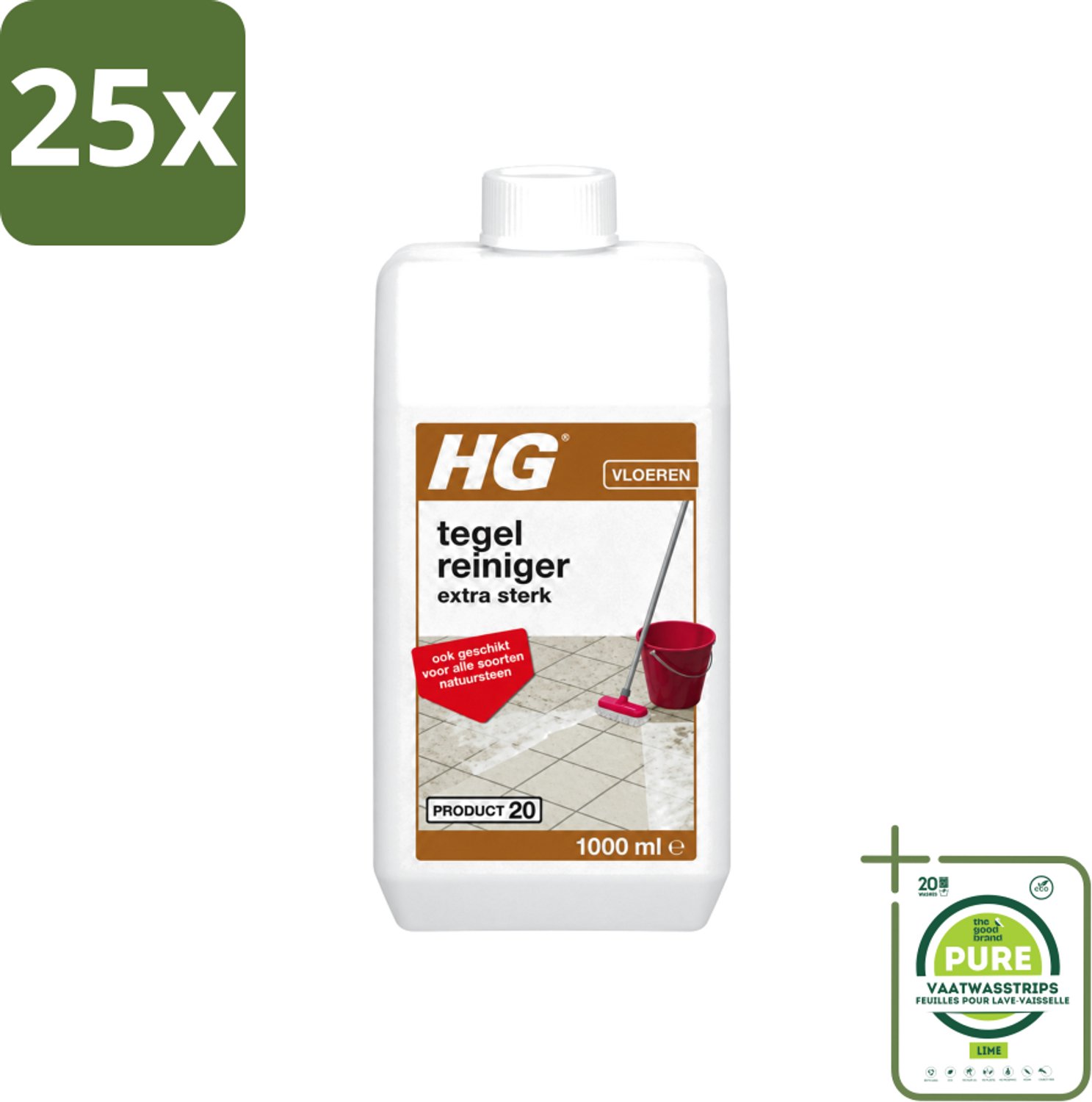 25 x HG - Vloeren - Tegelreiniger Extra Sterk - Geschikt Voor Alle Soorten Natuursteen - 1L - Grootverpakking - Vaatwasstrips - Tegelreiniger - Natuursteen Reinigen - Vetvlekken Verwijderen - Kalk Verwijderen - Vloer Reinigen