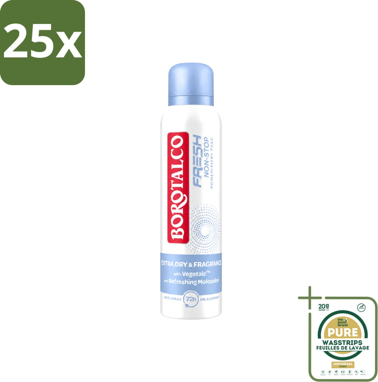 25 x Borotalco – Deodorant Spray – Fresh Non-Stop – 150 ml - Wasstrips - Frisheid - Zweetbestendig - Menthol - Koel Gevoel - Deodorant Spray