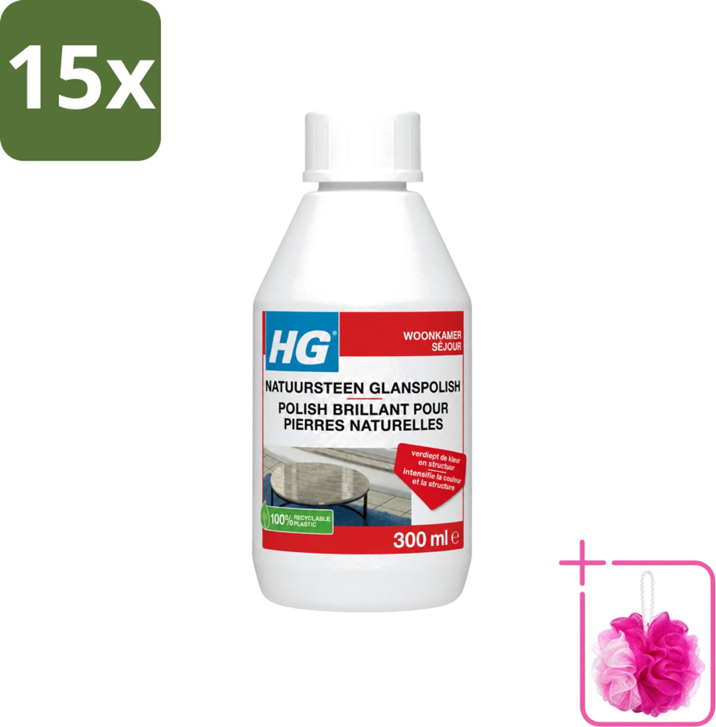 15 x HG - Natuursteen Glans Polish - Kleur & Structuur Verdiepend - 300 ml - Bulkverpakking - Natuursteen polish - Douchemop - Glanspolish