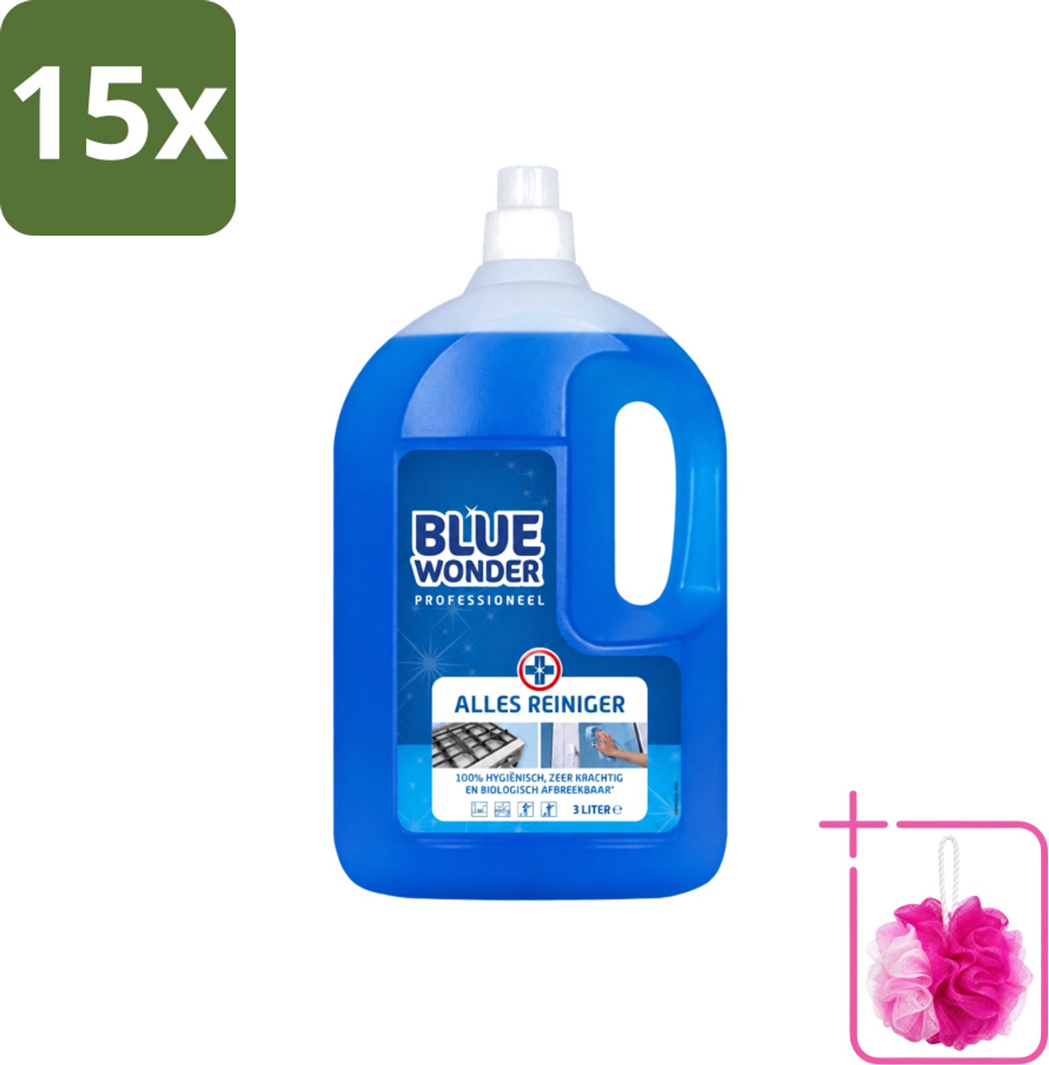 15 x Blue Wonder - Professionele Allesreiniger - Krachige Hygiëne - Biologisch Afbreekbaar - 3L - Bulkverpakking - Allesreiniger - Douchemop - Hygiëne
