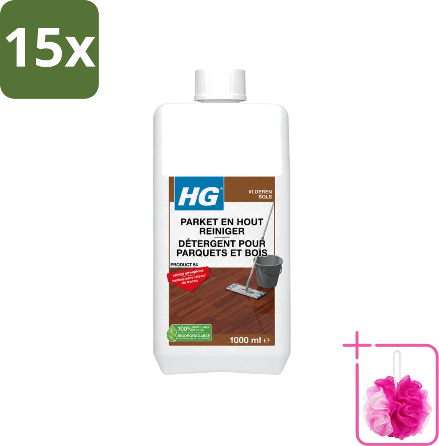15 x HG - Parket- & Houtreiniger - Frisse Geur - Reinigt Streeploos - 1L - Bulkverpakking - Parket reinigen - Douchemop - Parket reiniger