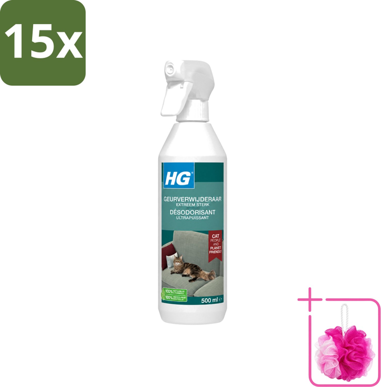 15 x HG - Geurverwijderaar - Extreem Sterk - Tegen Kattengeuren - 100% Biologisch - 500 ml - Bulkverpakking - Geurverwijderaar kat - Douchemop - Kattengeur