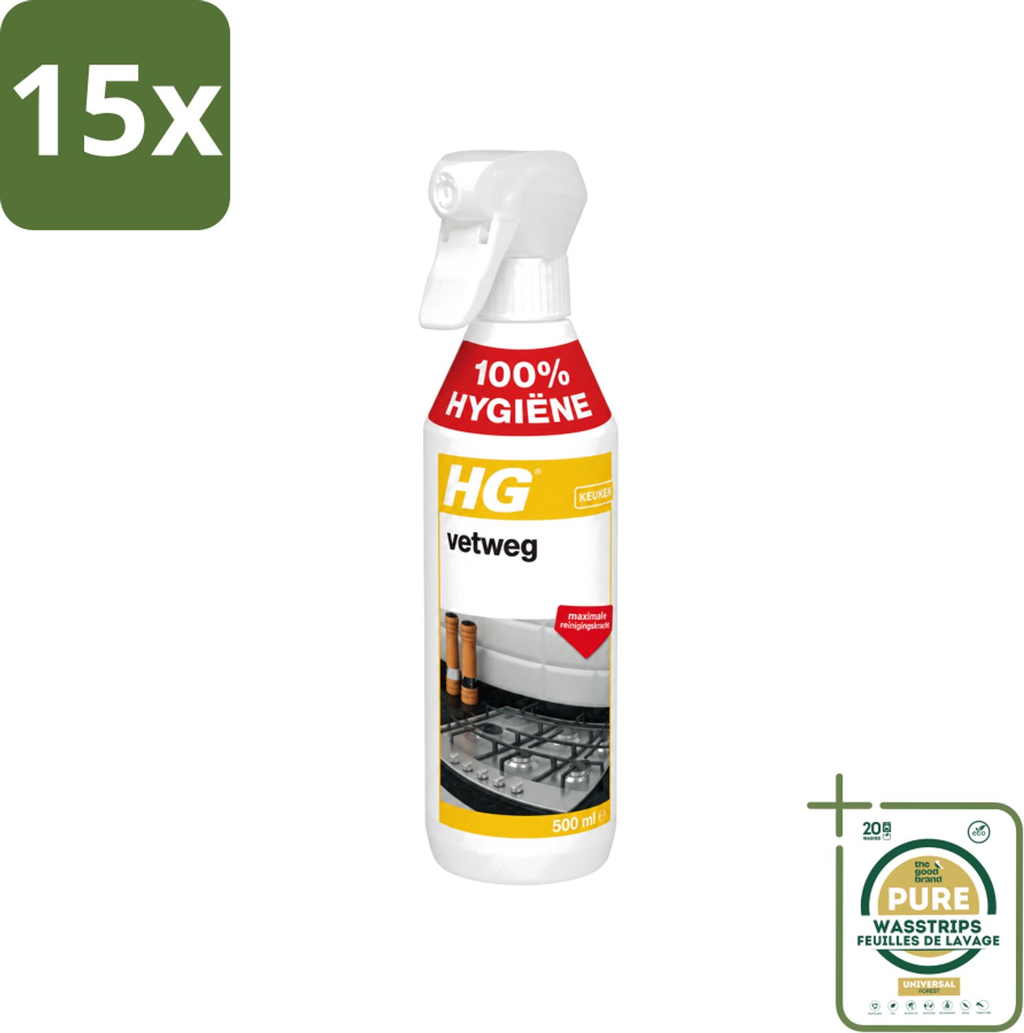 15 x HG - Vetweg - Maximale Reinigingskracht - 500 ml - Wasstrips - Keukenreiniger - Vetvrij Maken - Vet Verwijderen - Vet Weg - Reinigen
