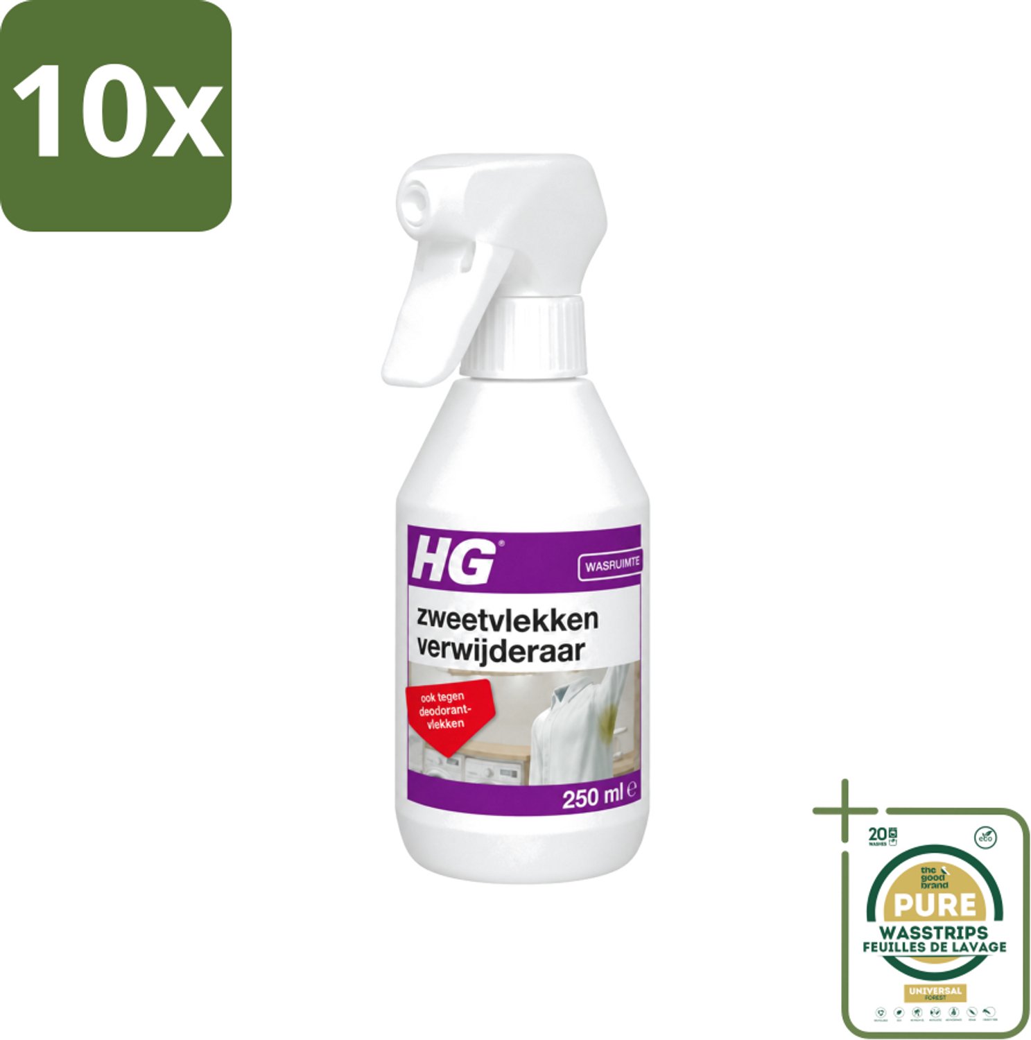 10 x HG - Wasruimte - Zweetvlekkenverwijderaar - Tegen Deodorantvlekken - 250 ml - Wasstrips - Zweetvlekken Verwijderen - Gele Vlekken Verwijderen - Deodorantvlekken Verwijderen - Textiel Reinigen - Wasmiddel Voor Vlekken